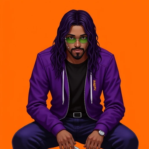 realistic, purple hair, facial hair, weapon, dreadlocks, purple jacket, sweat, sitting, orange background