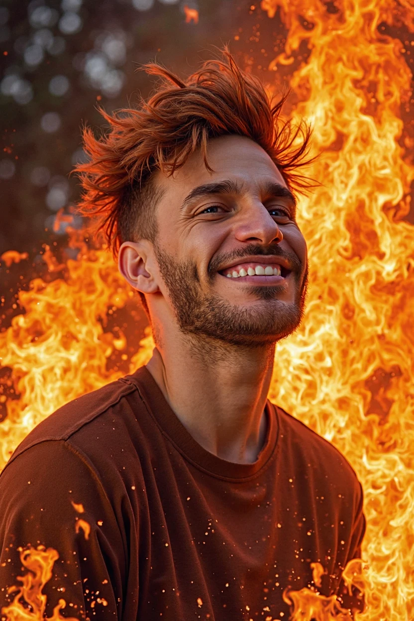 Photo portrait of Loïc Barcourt with ginger hair, he is happy aflame in big artistic fire as a cover for a poster movie called "Rythmind" worded at the top<lora:lbw_models\OUTPUT\adjustedch9_Rythmind Loïc Barcourt Flux v1 HashFix_sd_scripts.safetensors:1.0:1.0>