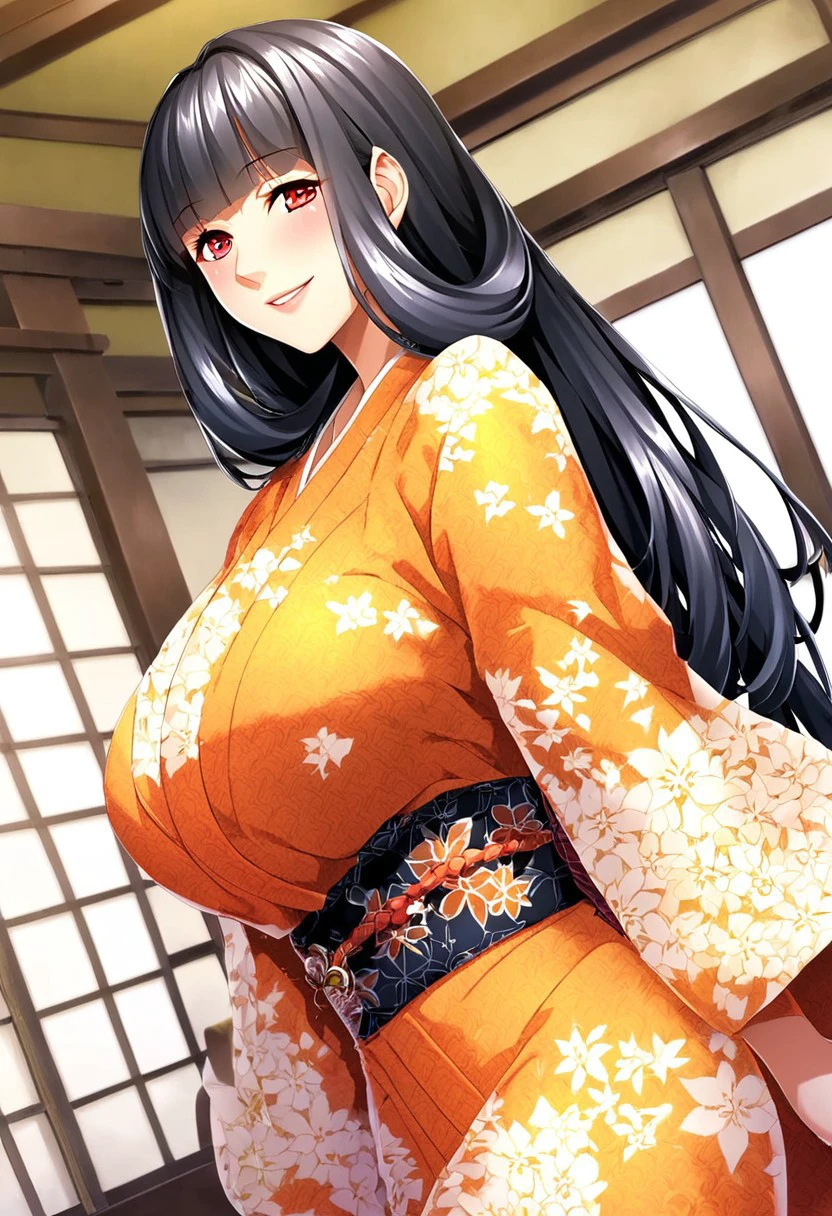score_9, score_8_up, score_7_up, anime style, 2D-style face, high resolution, Detailed face, Best quality, ultra-detailed eyes, High-resolution portrait, sharp, subtle blush, Sharp, vivid eyes with subtle highlights, source_anime, anime style, 1girl, solo, solo focus, long hair, straight hair, black hair, red eyes, pale, huge breasts, young adult, mature woman, traditional orange kimono, orange and white floral pattern, gentle smile, folded arms, elegant pose, floral design, soft expression, traditional attire, detailed pattern, calm demeanor, cultural dress, intricate hairstyle, Japanese aesthetic, white flower motifs, smooth fabric, Japanese background, interior,