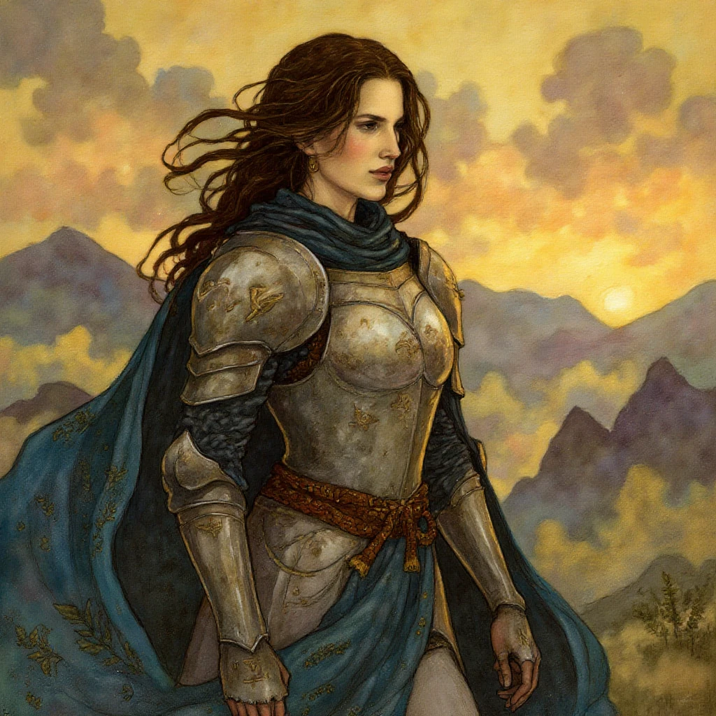 A woman with a medieval armor, with mountains in the horizon sunset. Painting in the style of r3b3cc4gu4y artstyle