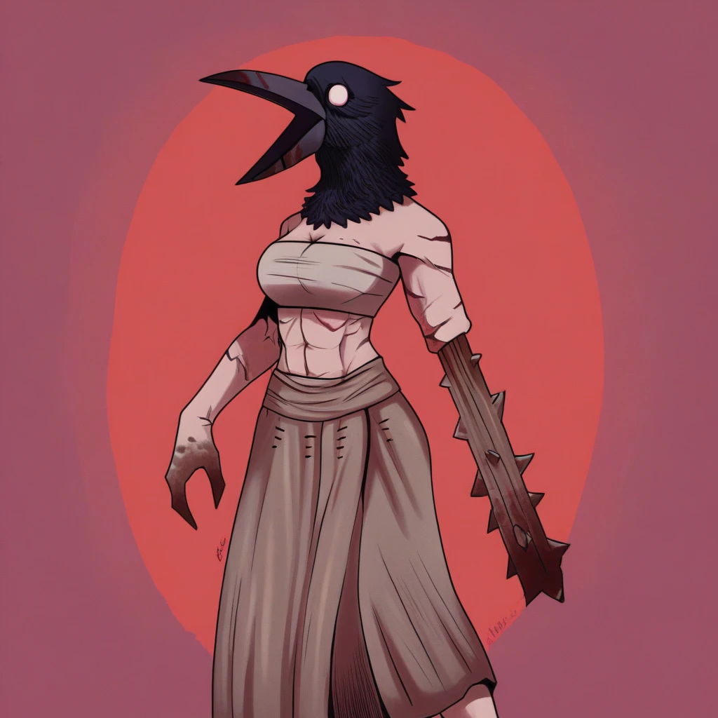 (Crow Mauler,one wooden arm,one normal arm,no hand on wooden arm,white eyes,feral crow head,beak,brown chest wraps,brown skirt,female)