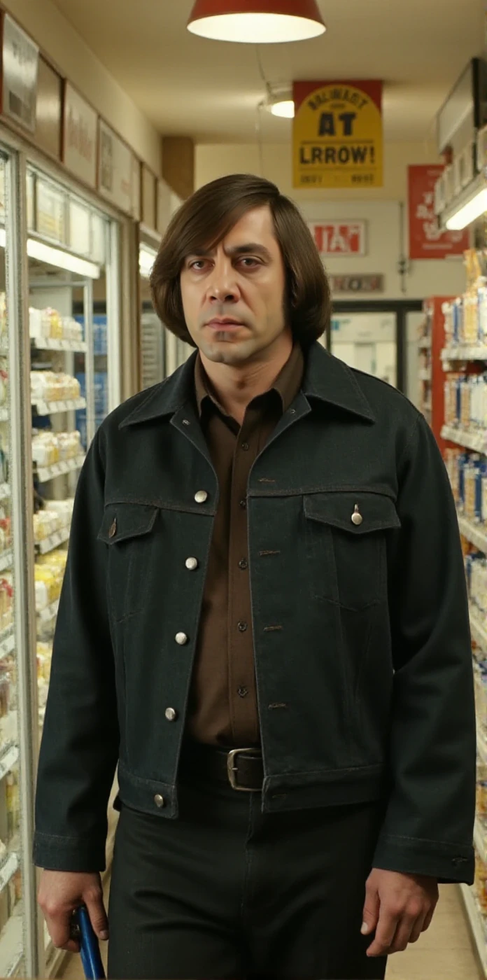 <lora:Anton_Chigurh:0.9> anton chigurh,, realistic, brown hair. He is grocery shopping a in wallmart