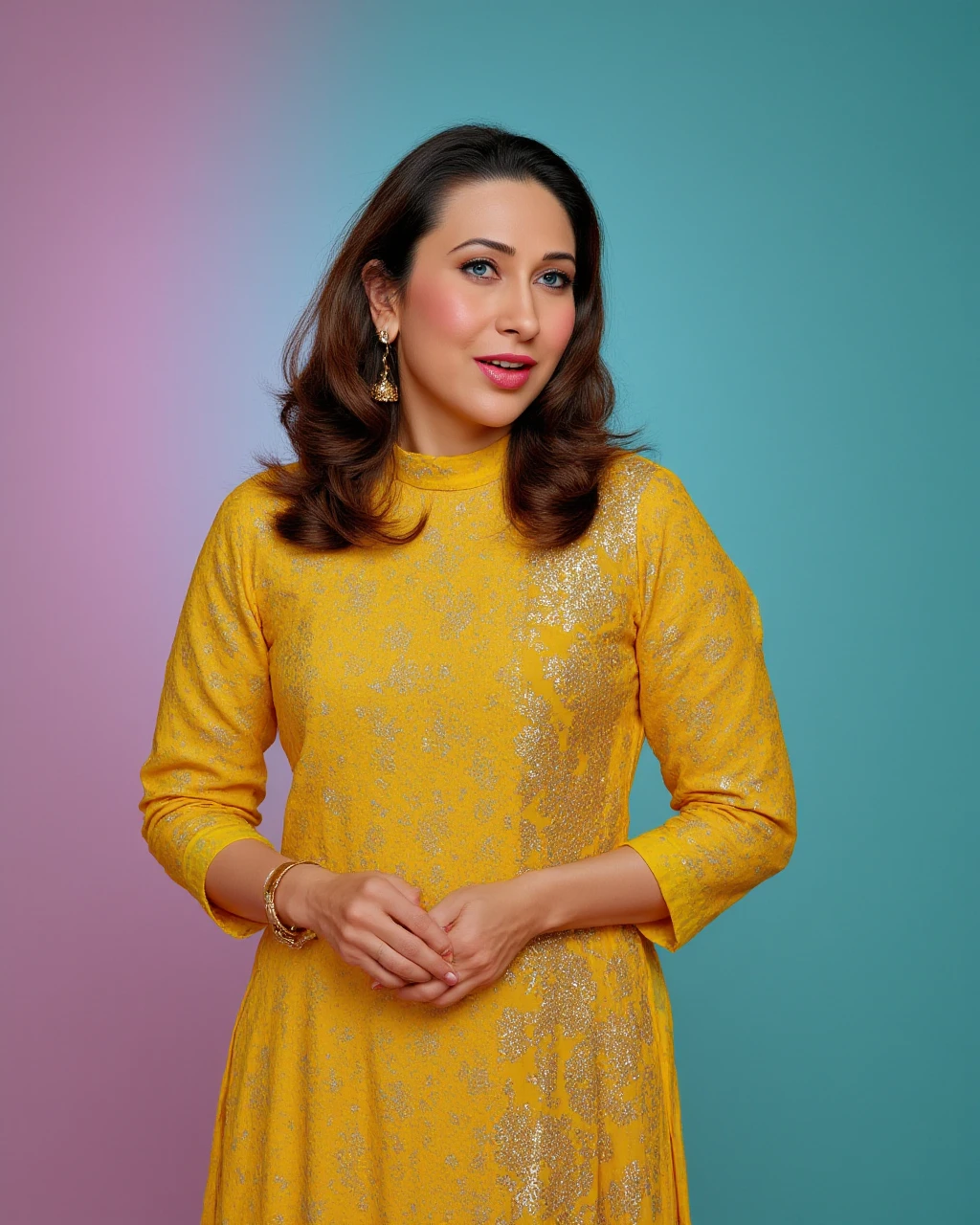 full body photo of Karisma Kapoor woman,candid photo with natural colors, shouting expression on face,studio quality, wearing intricate conservative turtleneck Yellow Kalamkari Dress (hand-painted fabric), curls, pastel shaded multicolored background, cinematic soft lighting<lora:TestBed\Karisma_Kapoor_Flux_Kohya_V1.safetensors:1.0:1.0>