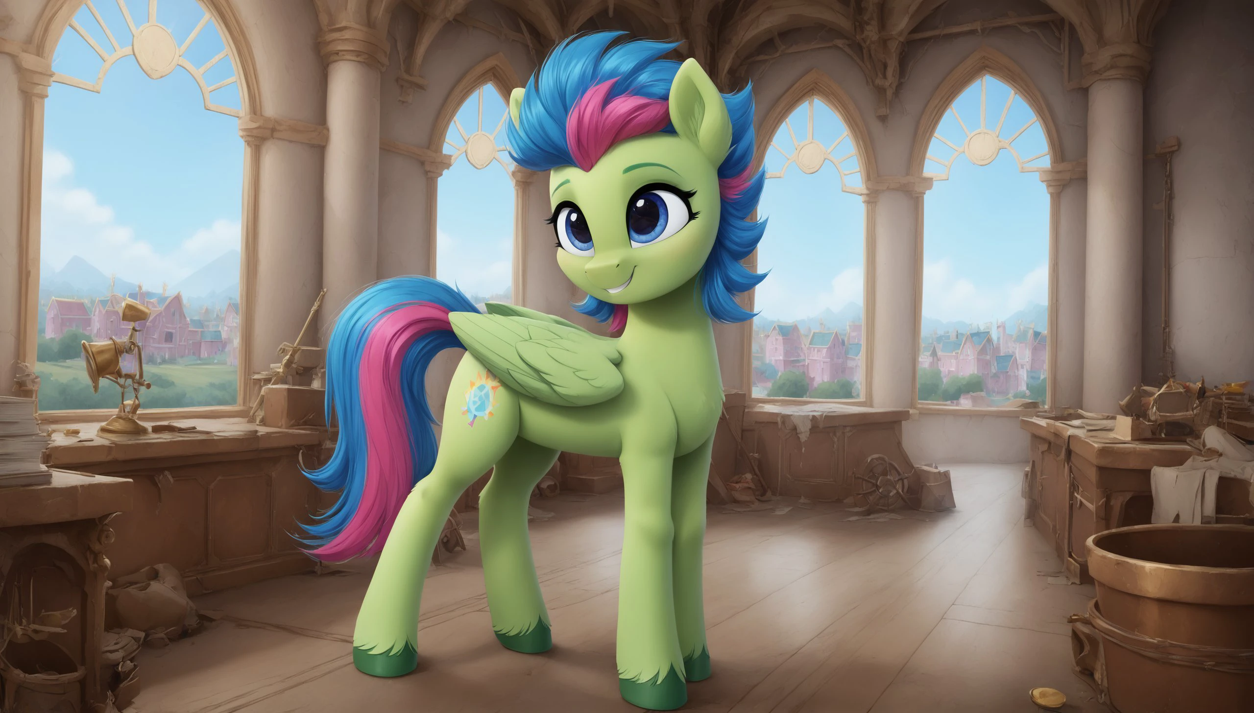 score_9, score_8_up, score_7_up, score_6_up, score_5_up, score_4_up, rating_safe, <lora:Luminous Dazzle:1>Luminous Dazzle, Body Lime Green, Pegasus
<lora:Wholesome_MLP-v1.2:1> <lora:Realistic000003_1_2.5DAnime_0.05_Merge1:1>
  an abandoned castle-like building, the room is in semi-darkness and pierced by rays of light shining through the high arched window openings, a wide staircase leading upwards to the altar, the staircase is decorated with an elegant baluster railing. Everything is covered with layers of dust and covered with vegetation,, mlp (( pony, little, )), (high quality, detailed, beautiful), shiny, adorable face, detailed beautiful eyes, realistic, outstanding, contrast, detailed soft lighting, fluff in ears, ((pony,)), (high quality, detailed, beautiful), shiny, adorable face, detailed beautiful eyes, realistic, outstanding, contrast, detailed soft lighting, fluff in ears, cinematic vintage photography,