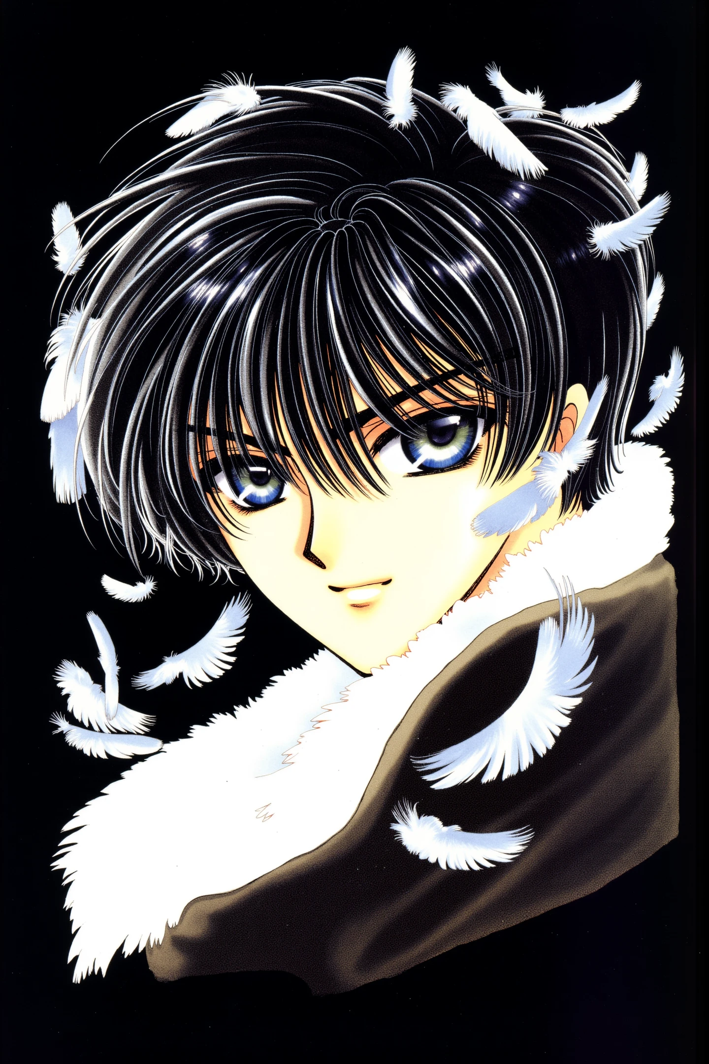 CLAMP Style(X),1boy,Kamui Shirou,solo,feathers,male focus,blue eyes,black hair,smile,black background,traditional media,looking at viewer,portrait,white feathers,marker (medium),closed mouth,hair between eyes,
<lora:X_FLUX:1>,