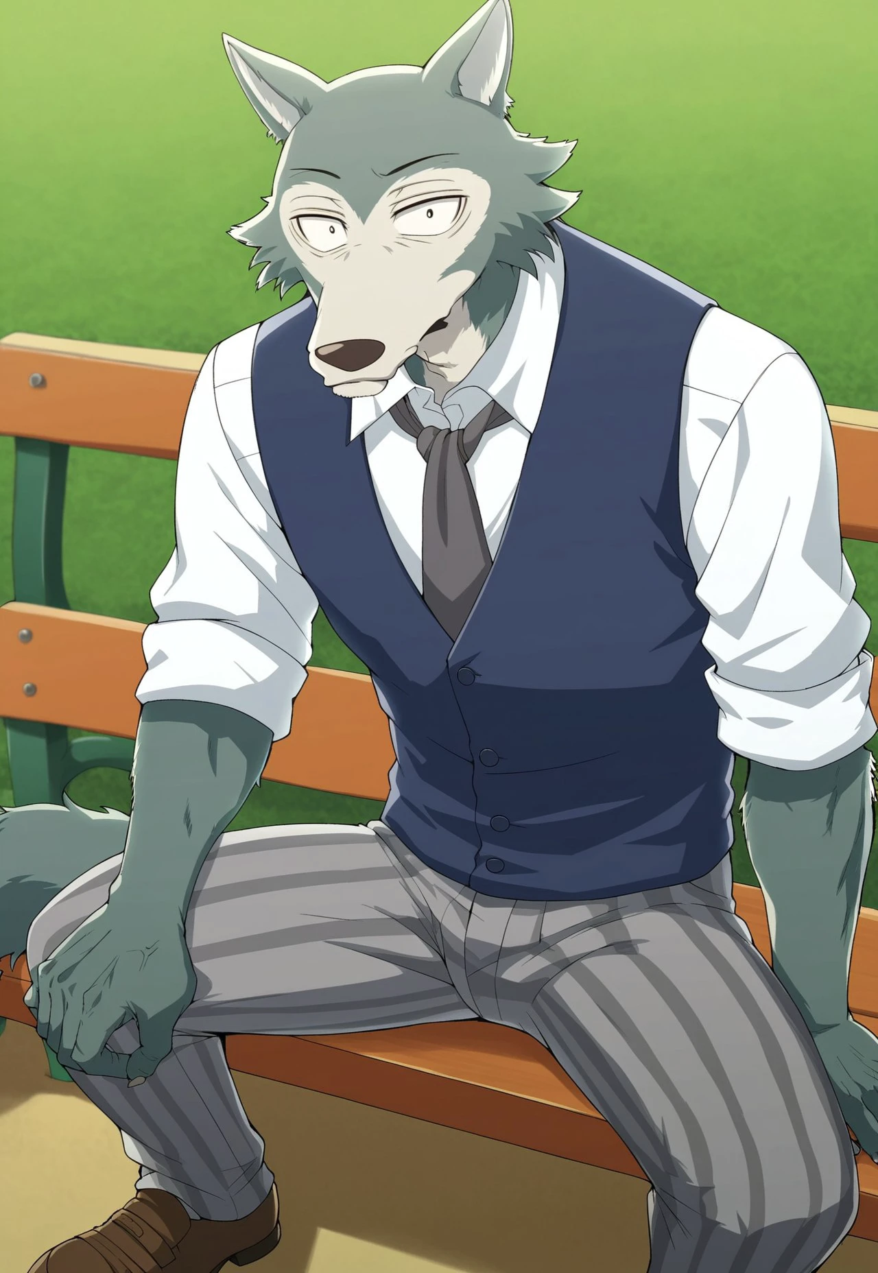 score_9, score_8_up, score_7_up, source_furry, bold lines, at park, blurred background, full body, from above, Leg0shi, Wolf, Black Eyes, Blue Vest, White Shirt, Grey Necktie, Gray Striped Pants, Brown Shoes, fur, looking at viewer, closed mouth, mature male, solo, anthro, sitting, on bench