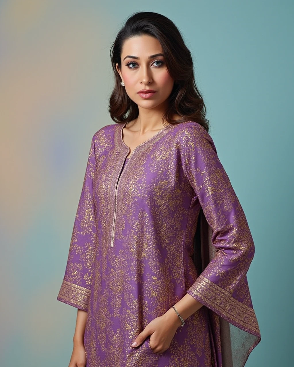 full body photo of Karisma Kapoor woman,candid photo with natural colors, pouting expression on face,studio quality, wearing intricate conservative long sleeved Plum Kalamkari Dress (hand-painted fabric), straight hair, pastel shaded multicolored background, cinematic soft lighting<lora:TestBed\Karisma_Kapoor_Flux_Kohya_V1.safetensors:1.0:1.0>