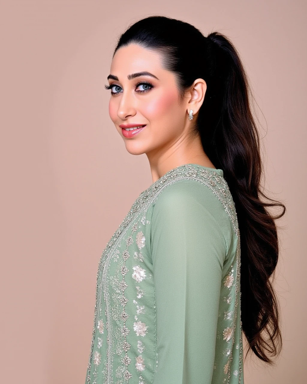 cowboy shot photo of Karisma Kapoor woman,candid photo with natural colors, grinning expression on face,studio quality, wearing intricate conservative long sleeved Jade Kurti with Leggings, high ponytail, pastel shaded multicolored background, cinematic soft lighting<lora:TestBed\Karisma_Kapoor_Flux_Kohya_V1.safetensors:1.0:1.0>