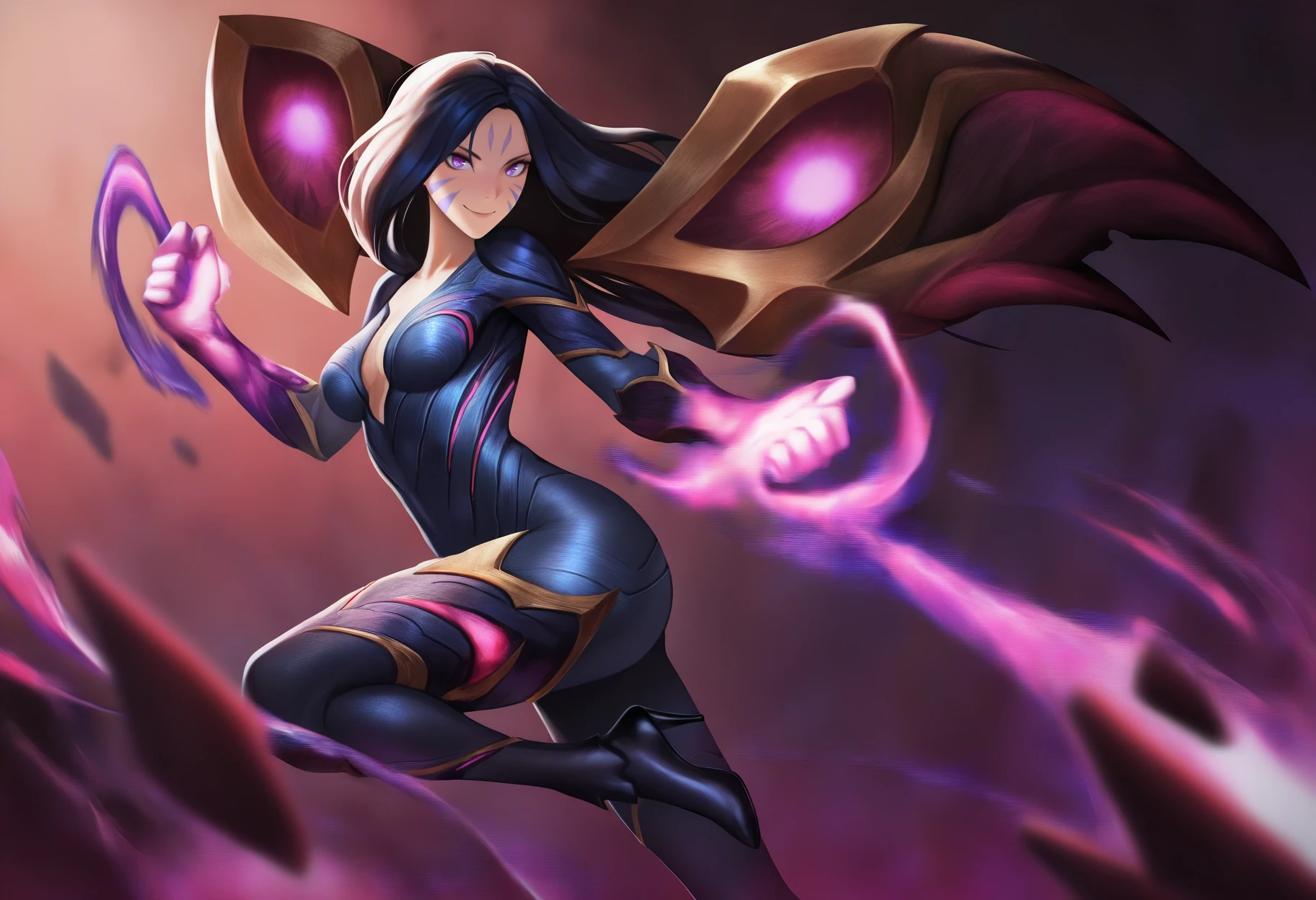 masterpiece, best quality, very aesthetic, absurdres,
1girl, kaisa, black hair, long hair, purple eyes, facial mark, bodysuit, wings, high heels,
action pose,  smile, standing, full body, looking at viewer, solo, cowboy shot, otherworld, flesh wall, darkness corruption, darkness background   <lora:KaisaIllustriousXL_byKonan:1>