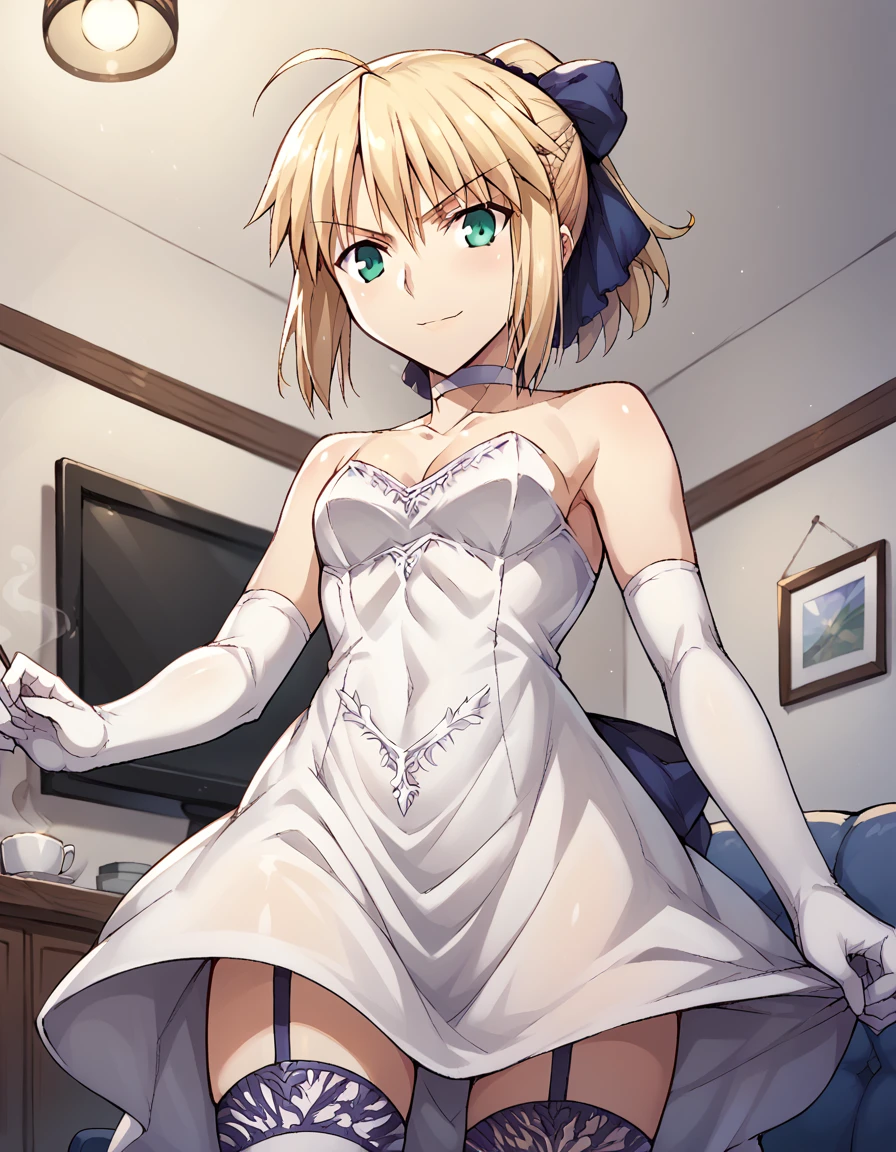 score_9, score_8_up, score_7_up, source_anime, <lora:saber-ubw-wedding-dress-ponyxl-lora-nochekaiser:1>, artoria pendragon, artoria pendragon (fate), saber, blonde hair, green eyes, hair ribbon, ahoge, ponytail,, thighhighs, gloves, dress, choker, elbow gloves, white gloves, white dress, white thighhighs, official alternate costume, garter straps, garter belt, wedding dress, lace-trimmed thighhighs, lace trim, living room, sofa, TV, coffee table, decor, , <lora:lap-pov-ponyxl-lora-nochekaiser:1>, lap pov, lap pillow, from below, ceiling, looking down, pov, blush, smile,, looking at viewer, solo,, dutch angle, cowboy shot