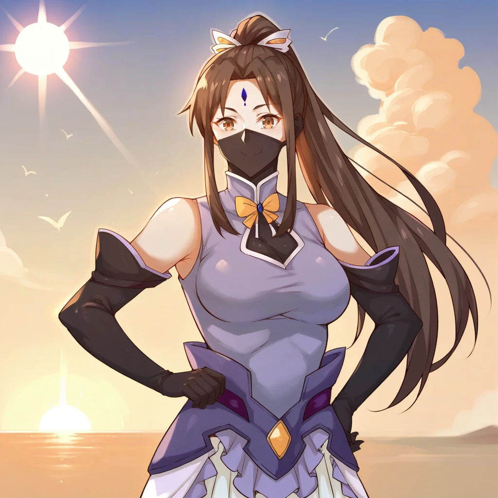 score_9_up, score_8_up, score_7_up, source_anime, 1girl, solo, sun light, sky, clouds, standing, hand on hip, smile, looking at you, Xia_Ning, Shang_Def, brown hair, long hair, ponytail, brown eyes, face mask, forehead mark, hair ornament, elbow gloves, black gloves, purple shawl, yellow bow, bowtie, turtleneck, purple dress, dress, covered breasts, sleeveless dress, frilled skirt, layered skirt, purple skirt, white skirt, purple belt, thigh boots, black footwear, mature body, dynamic cowboy shot, 