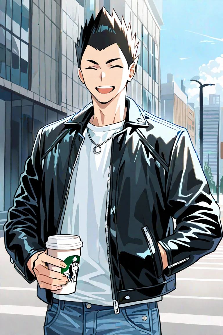 day, natural lighting, male focus, holding starbucks coffee cup, looking at viewer, smiling, KindaichiHU, black_KindaichiHU_spiked hair, closed eyes, open mouth, leather jacket, open jacket, shirt, silver necklace, jeans, 1boy, outdoors building exterior, intricately detailed illustration, masterpiece, best quality, amazing quality, very aesthetic, absurdres, newest