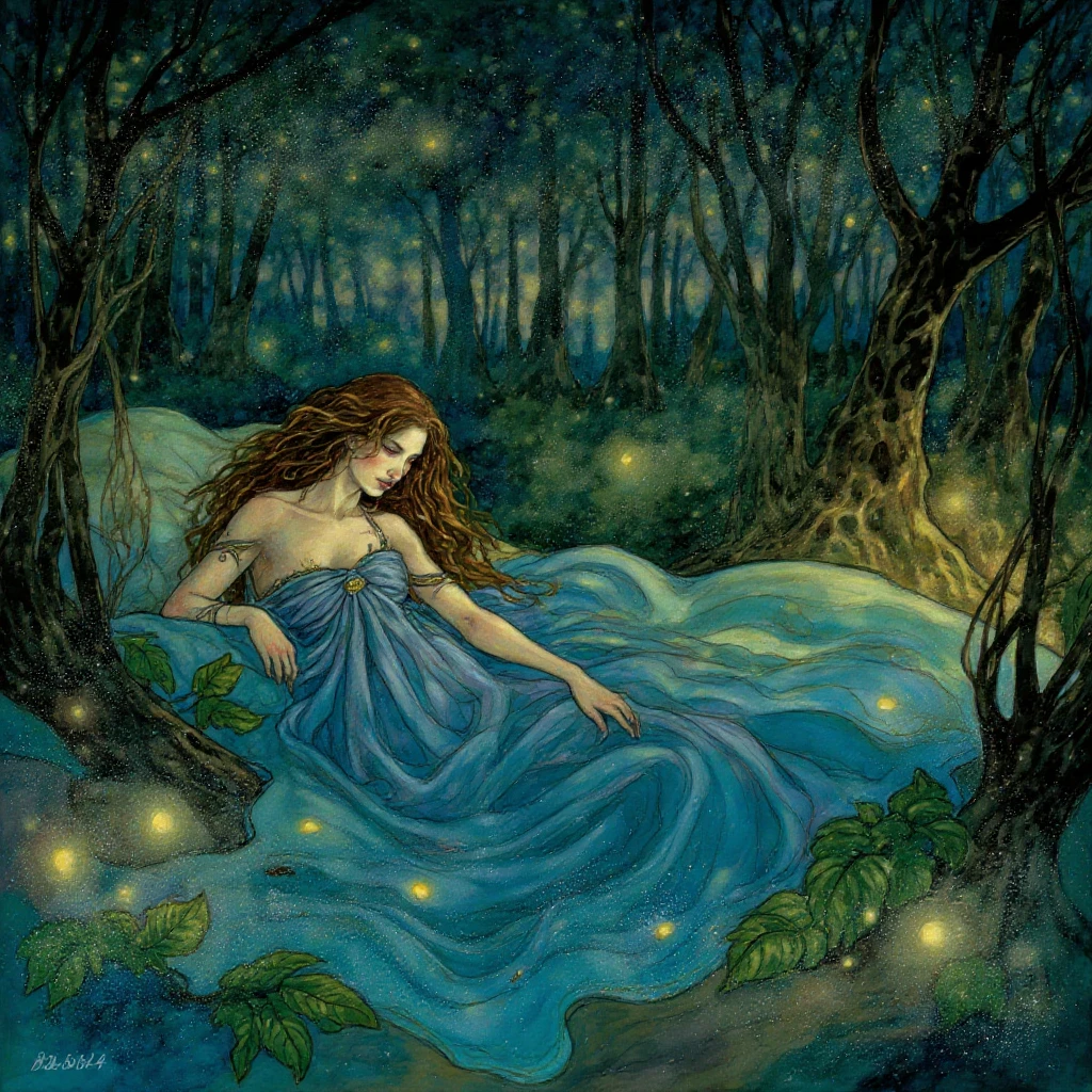 A woman in a bed placed in the magical forest with fireflies. The woman is wearing a fantasy long blue dess around hes body, and long brown hair. Painting in the style of r3b3cc4gu4y artstyle


