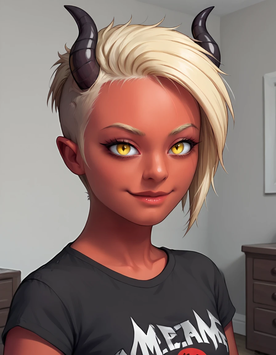 indoors,detailed background,bedroom,
Mara,1girl,solo,short hair,blonde hair,horns,demon girl,demon horns,red skin,yellow eyes,demon tail,
long eyelashes,seductive smile,meme attire, 
headshot,black t-shirt,
<lora:Mara_v01_PDXL:1>,