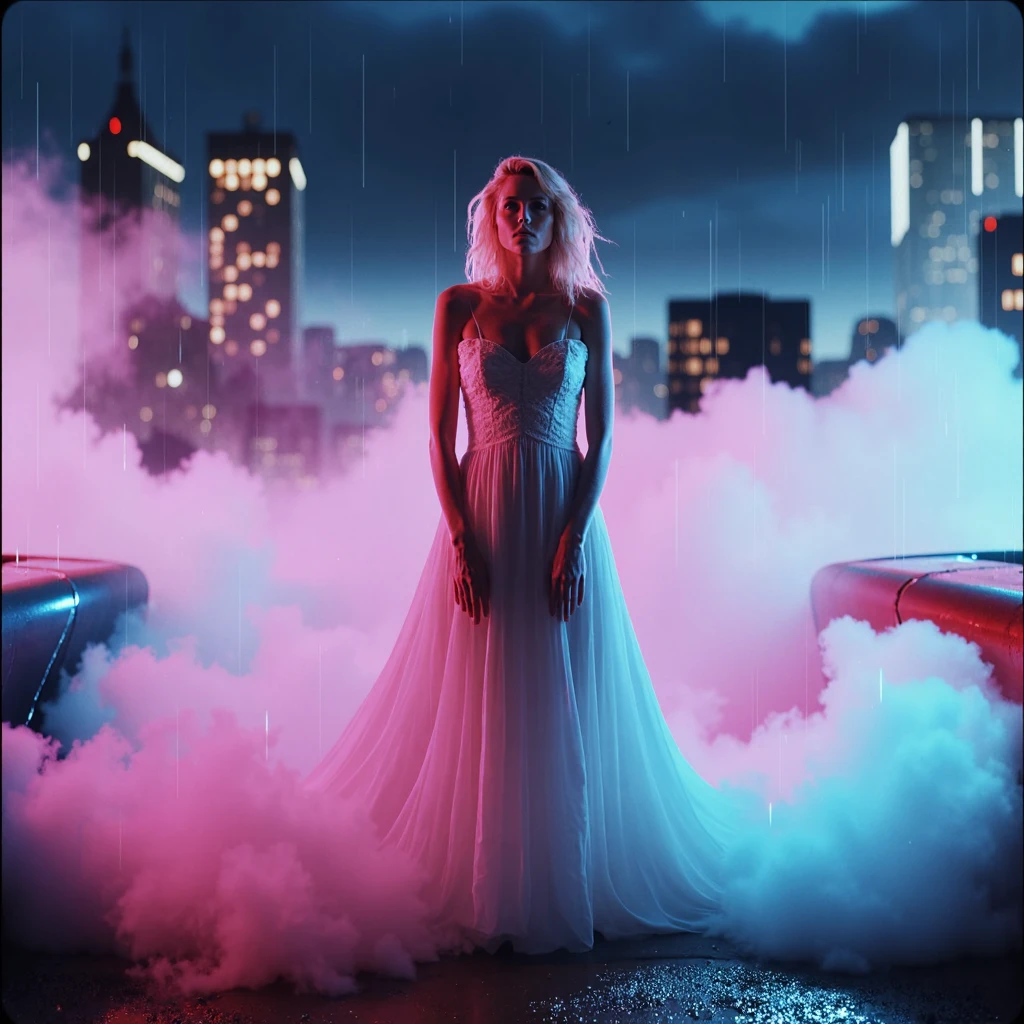 Imagine an image in the style of a rain-soaked rooftop under neon-lit skies, where a pale blonde woman in a flowing white dress stands with an air of mystery. The fog envelops her, swirling around her dress as if part of her being. Soft pink and blue neon reflections dance across her pale skin, giving her an ethereal aura that contrasts with the dark city skyline, as if she’s a haunting figure in this retro-noir landscape.