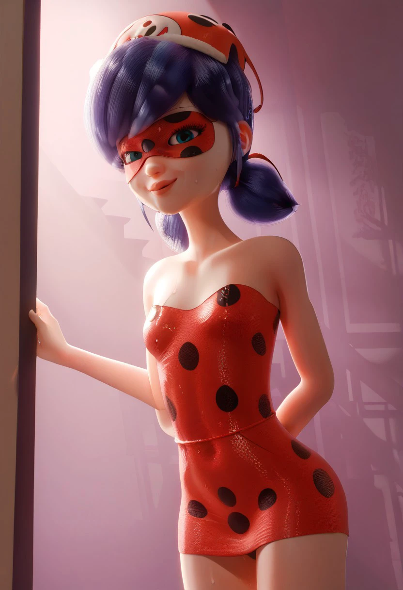 score_9, score_8_up, score_7_up, Expressiveh, BREAK, RAW, 8k, source_real, masterpiece, high quality, BREAK, 3d render, (tan lines:0.6), good_hands, BREAK, 1girl, solo, masterpiece, best quality, intricate details, perfect lighting, marinette dupain-cheng, 18 years old, blue eyes, blue hair, slightly small neck, very small body size, slender hips, overactive hips, flat chest, flat butt, flat ass, thin waist, small waist, sweaty skin, BREAK, happy trail, seductive smile, wild bush, BREAK, showcasing her luscious lips painted with bold lipstick. The MAGA red mini dress and fuzzy fishnet negligee hug her curves, revealing tantalizing glimpses of her thighs and covered navel. She is wearing a MGAG hat. As the door opens wide, the camera captures the tantalizing sight, inviting the viewer to step into this sultry scene.