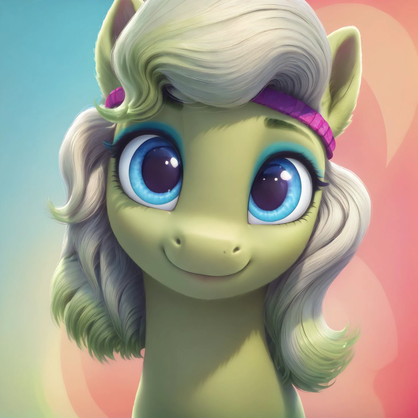 score_9, score_8_up, score_7_up, score_6_up, score_5_up,with beautiful, detailed, (detailed cute pony face), detailed eyes, detailed fur, beautiful, vector, flat colors, (abstract background: 1.8), (looking at you, looking at viewer: 1.5), cute smile, happy, ((close-up)),   <lora:Minty :1>Minty
<lora:Wholesome_MLP-v1.2:1>  <lora:3D_Animation_Diffusion_Pony_style:1>