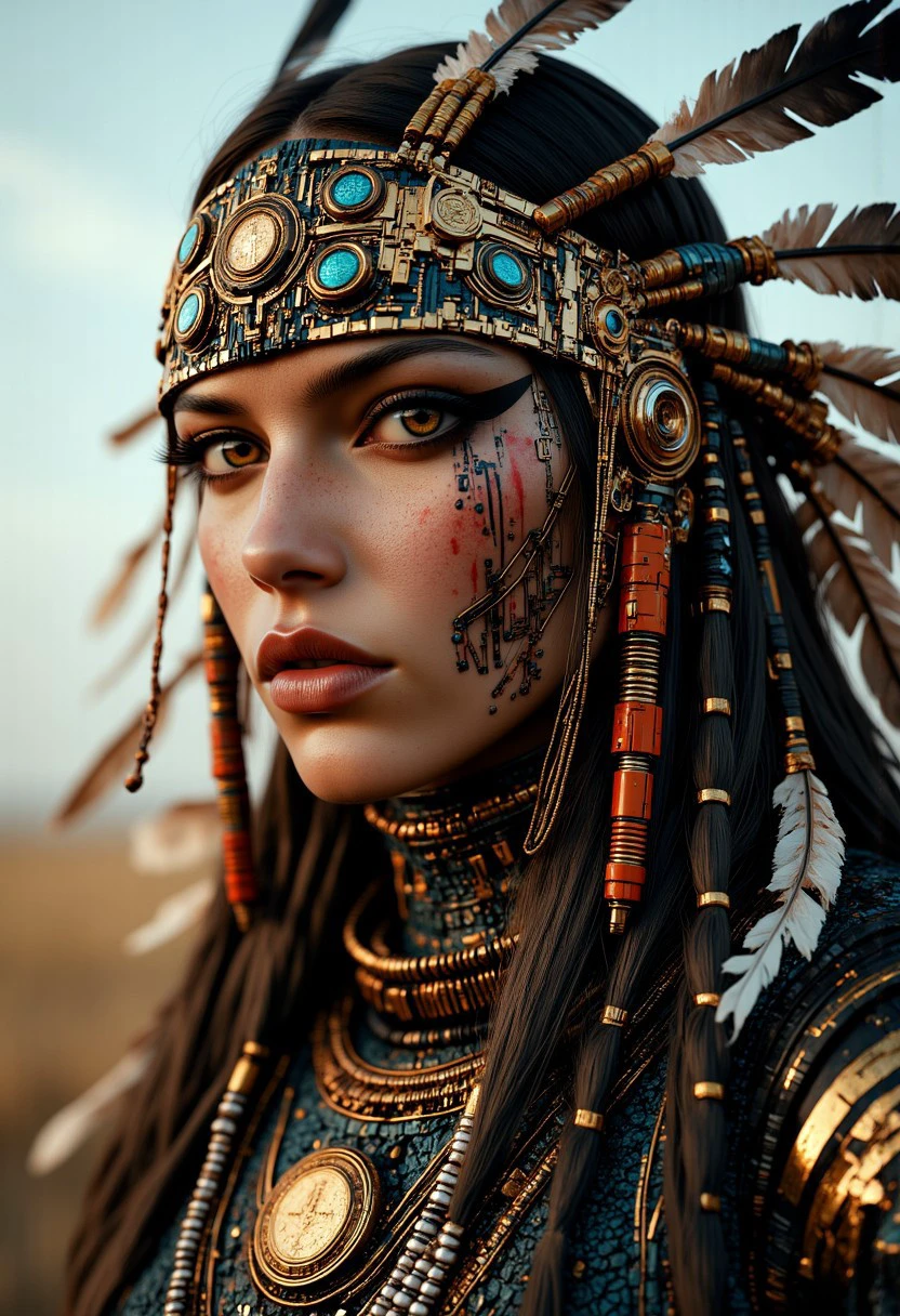 mythp0rt, A beautiful Native American woman, sci-fi coachella, The eyes are piercing, with an intense, almost otherworldly glow, suggesting advanced cybernetic enhancements. She is wearing a feathered mechanical headdress.