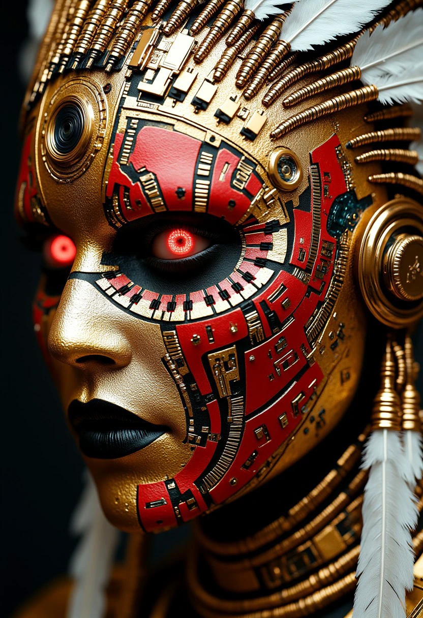 Futuristic, cybernetic Native American woman's face, depicted in a stylized, hyper-realistic manner. Her face is a blend of organic and mechanical elements, with a striking contrast between her skin, which is a mix of metallic gold and red circuitry patterns, and her glowing red eyes, which are the only organic part of her face. The eyes are piercing, with an intense, almost otherworldly glow, suggesting advanced cybernetic enhancements. She is wearing a feathered mechanical headdress.