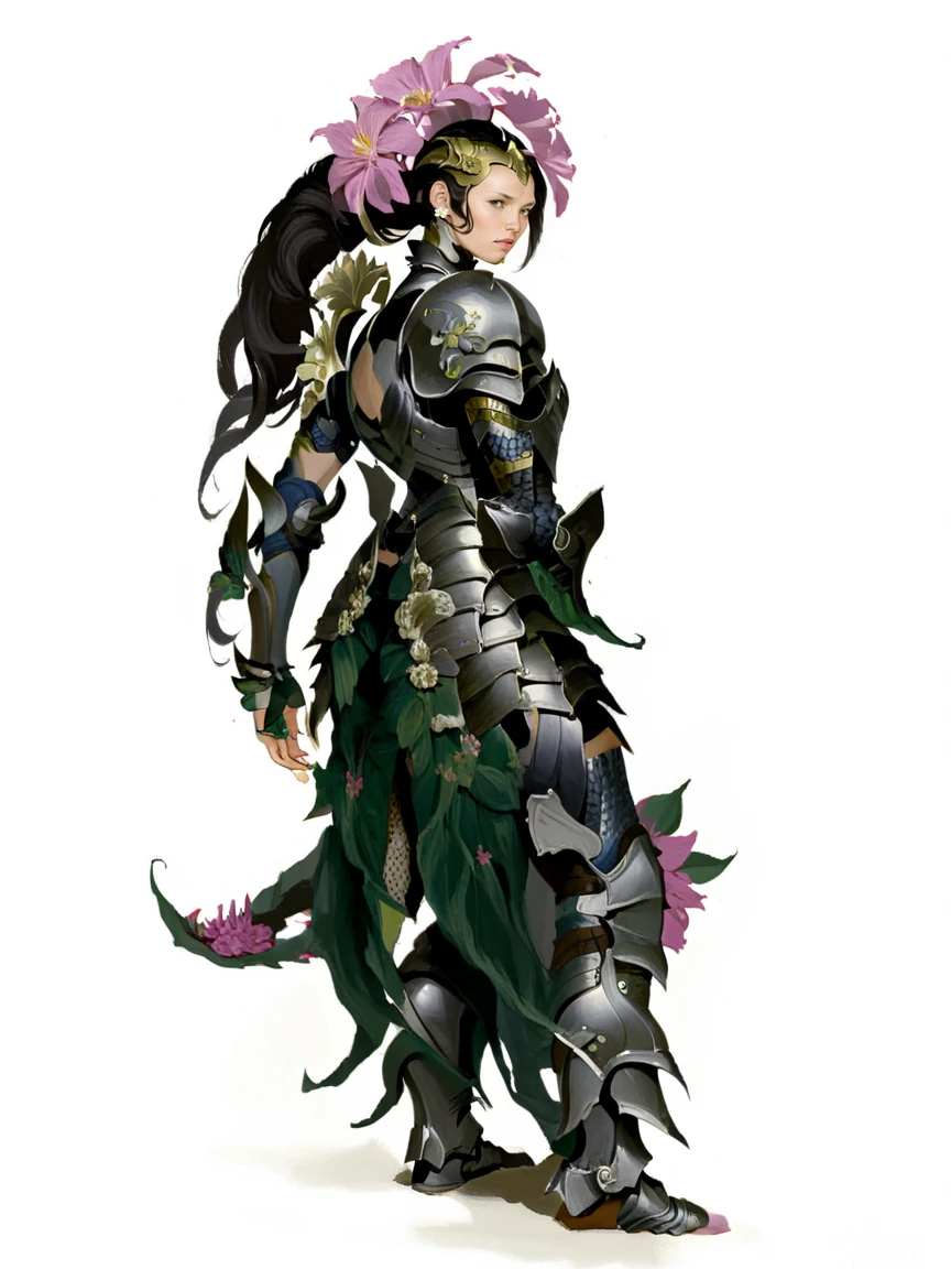 <lora:yangjXL:1> yangj, woman, armor, flower, white background,