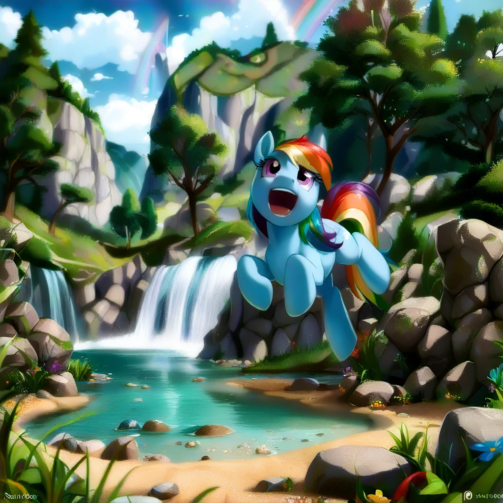 (masterpiece, best quality:1.3), reality, realistic landscape, rocks, hills, pond, blue sky, clouds, tree, plants, flowers, dirt, sand, grass, waterfall, lake, cliffs, (1pony, my little pony, rainbow dash, blue pony, solo pony:1.2), pony jumping, pony leap.