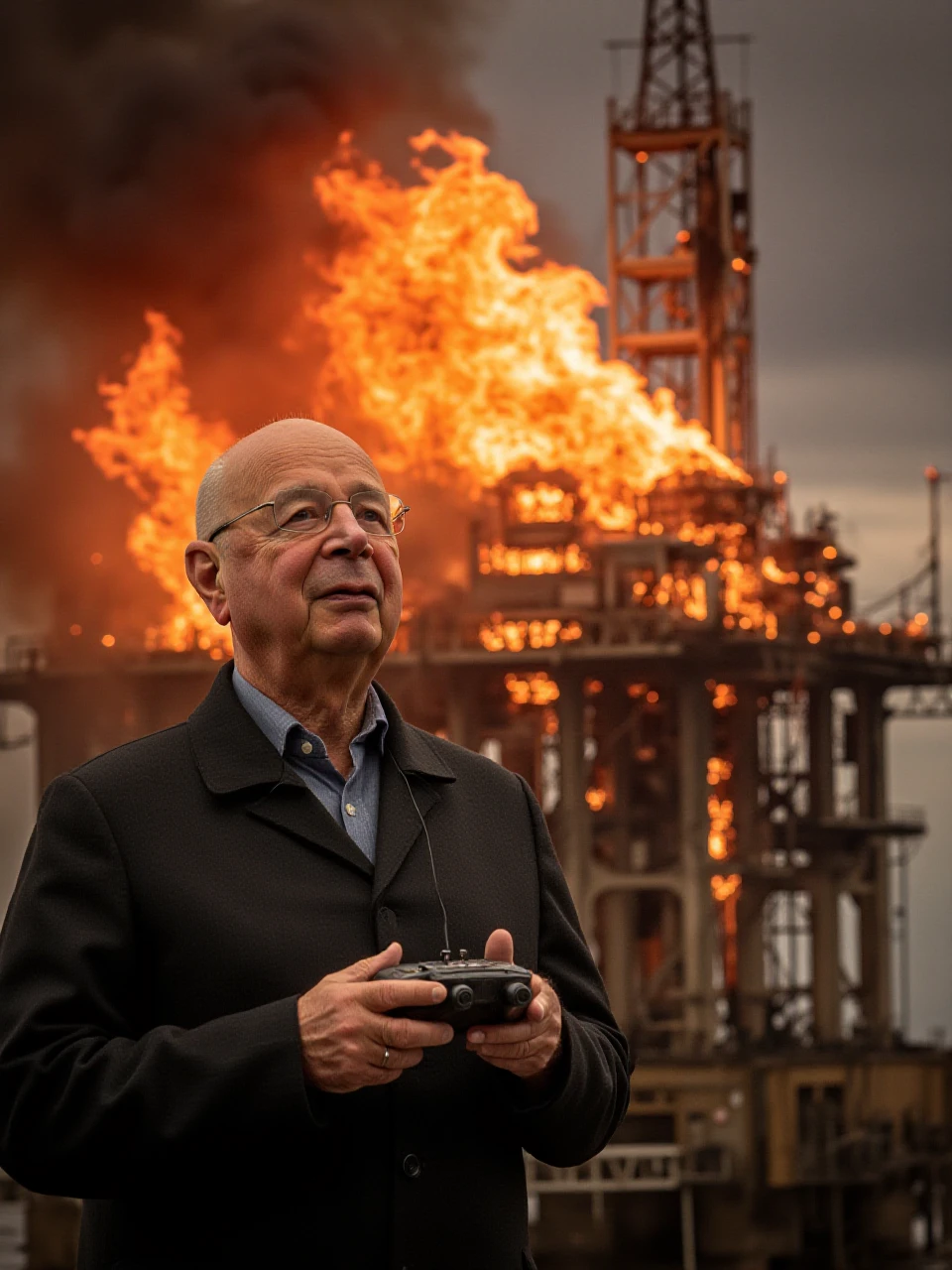 kl4u55chw48 a man wearing glasses, holding a remote control device, standing in front of a burning oil rig, a satisfied expression on his face as the flames rise. <lora:Klaus-Schwab_Flux_v01e07:1>