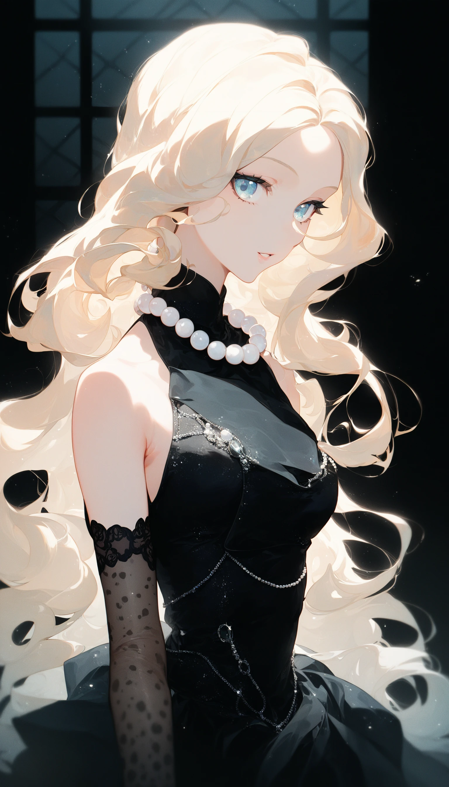 a hairy, anthropomorphic cat with white fur and striking blue eyes, wearing an elegant black dress with a slight neckline with lace details and a bow on her head and long hair,no human ear . The character exudes a sophisticated and mysterious aura, mixing animalistic characteristics with sensibilities human fashion, anime style