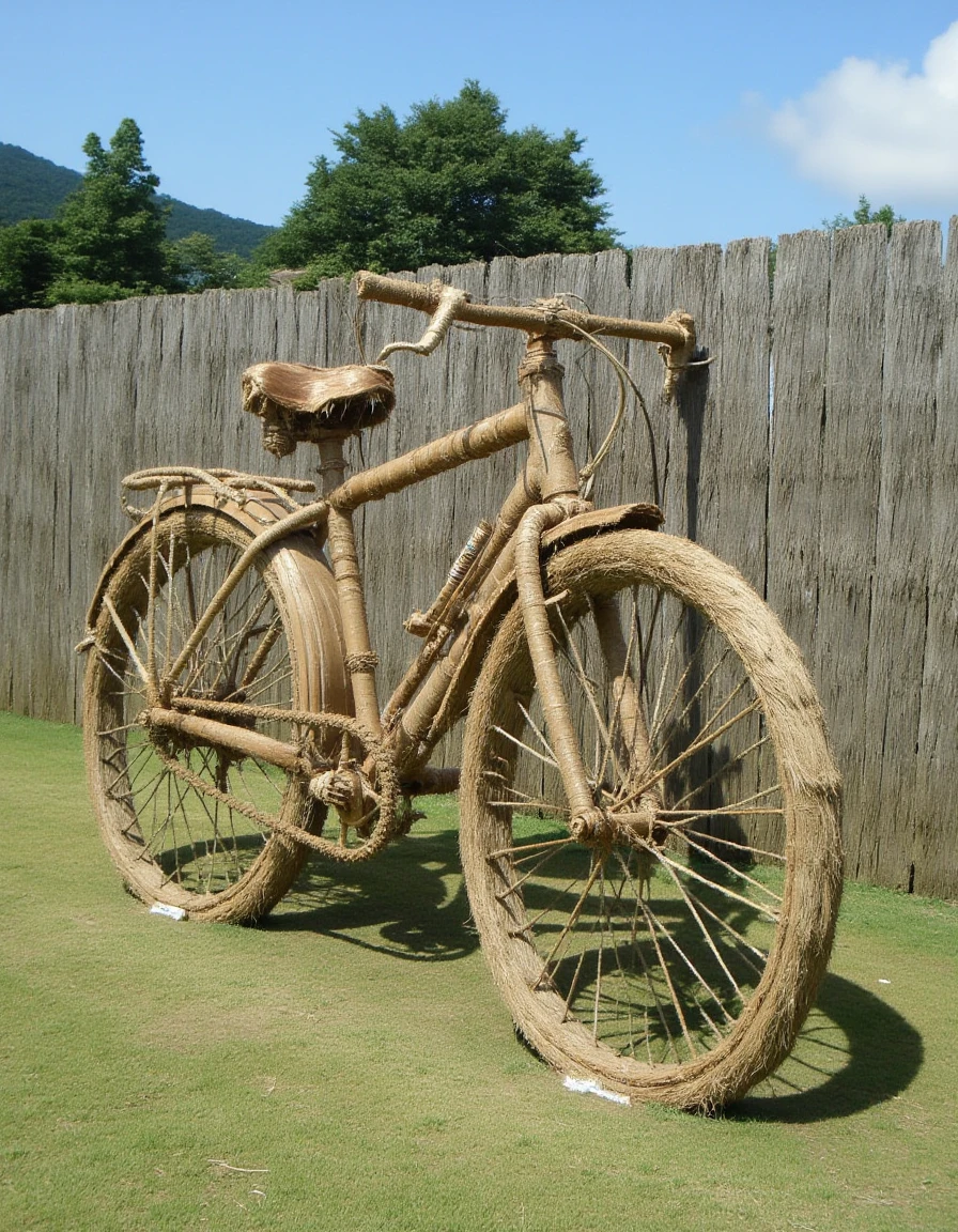 a distrw style sculpture of a bicycle leaning against a fence <lora:straw-sculptures_v10_rank16_bf16-step00945:1>