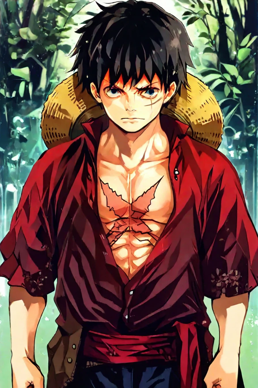 score_9, score_8_up, score_7_up, score_6_up, score_5_up, score_4_up, <lora:LUFFY_pony_XL:0.6>, Luffy, red jacket, scar on chest, straw hat, black hair,1boy, <lora:Sui_Ishida_style_IllustriousXL:1>, sui_Ishida_style,  solo, alone, standing, looking at the viewer, masterpiece, highres