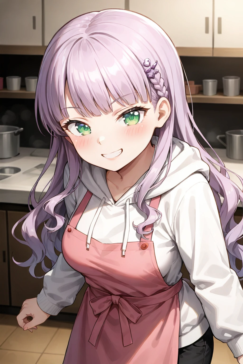 <lora:MargareteWien:0.8>, Margarete Wien, 1girl, solo, smile, looking at viewer, grin, pants, apron, long sleeves, white hoodie, hood, blush, hair ornament, hoodie, indoors, medium breasts,