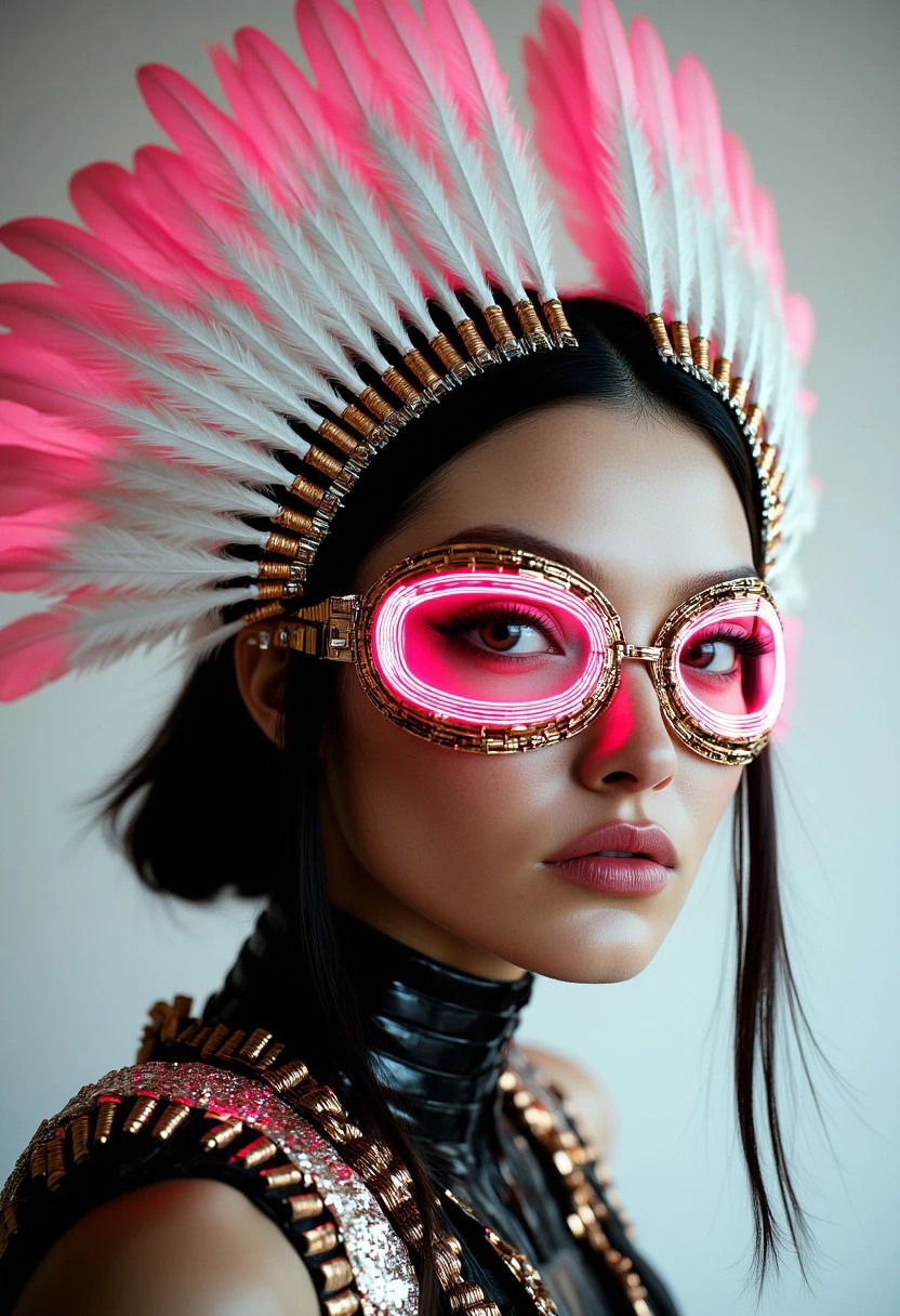 The image is a highly detailed, photorealistic digital artwork featuring a woman with a futuristic, cyberpunk aesthetic. She has a light skin tone and a stern, intense expression. Her dark hair is slicked back, and she wears an elaborate, ornate headpiece made of metallic elements and feathers, predominantly white with hints of pink and gold, giving it a futuristic, high-tech appearance. Her eyes are accentuated with glowing, neon pink goggles that encircle her face, providing a striking contrast to her natural eye color.