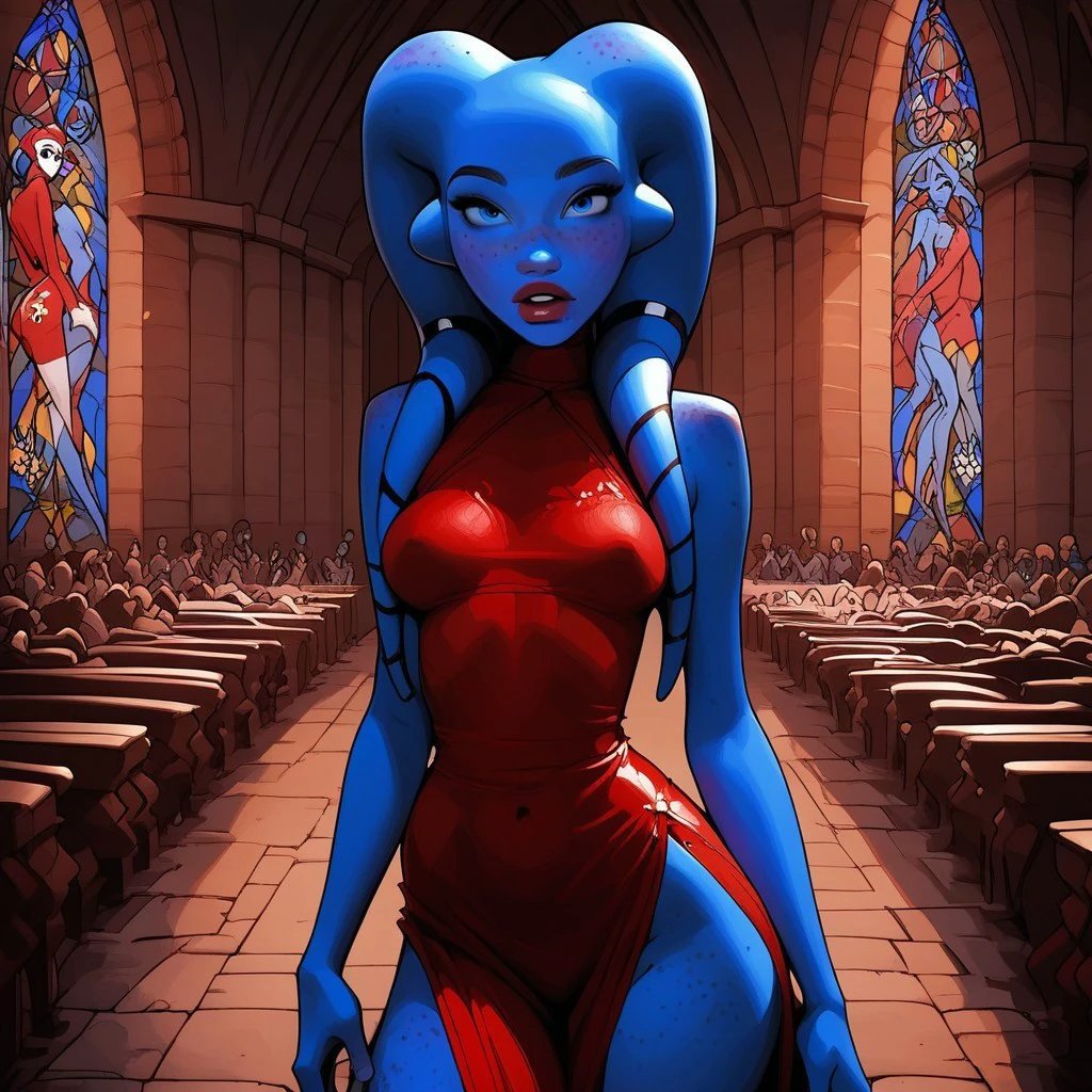 safe_pos, ((Twi'lek woman, blue skin, blue lekku, stunning blue eyes, 18 years old)), (perfect hourglass figure, perfect tight ass, perfect medium breasts), (skin detail, freckles, moles:1.4), standing in a church, posing, simple flowing summer dress with floral pattern, (dynamic view)