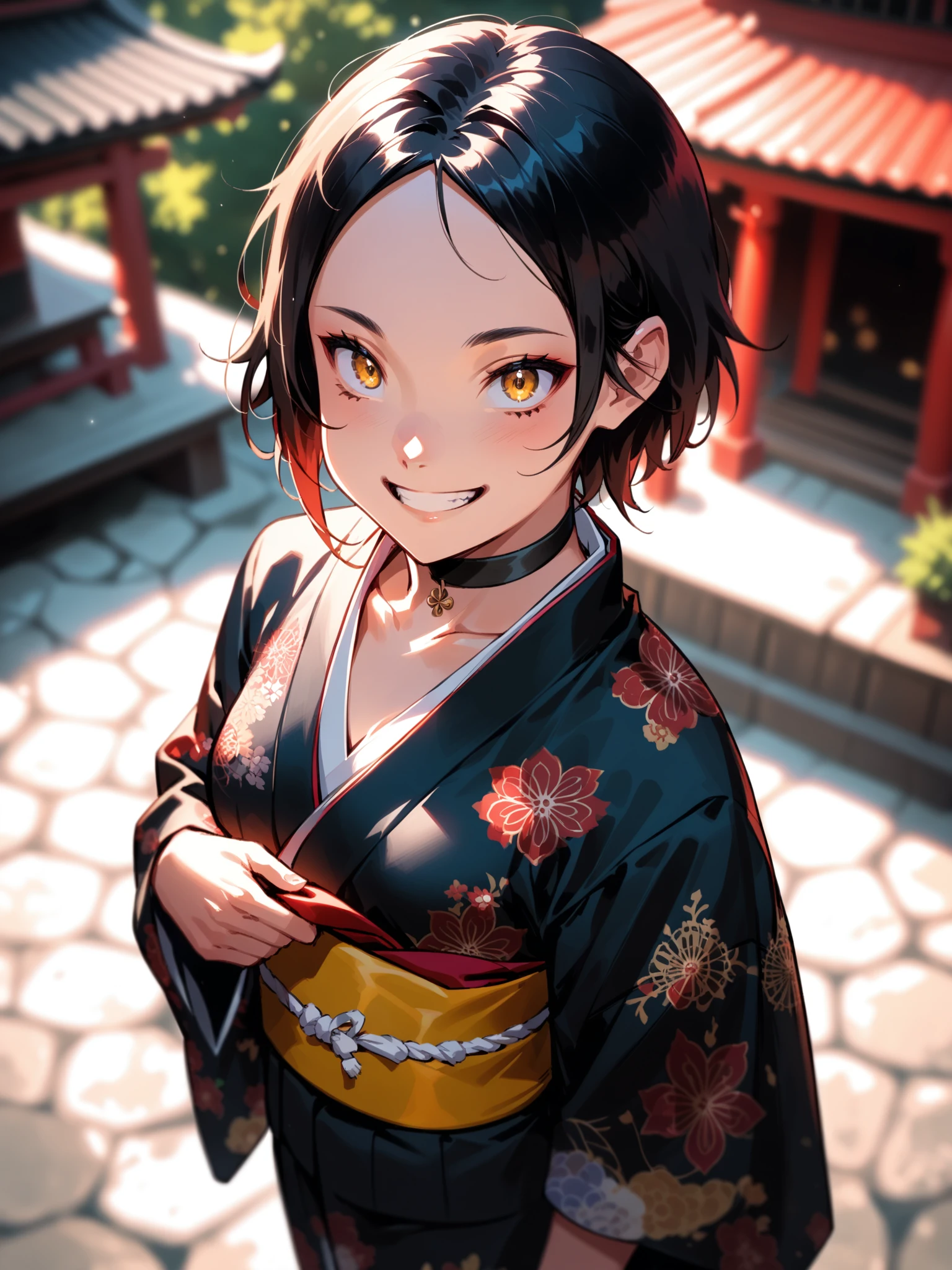 <lora:happy_tentacle-shizuko-v0.3-000024:0.9>, ht_shizuko, black hair, choker, (medium breasts:0.8), (yellow eyes:0.8) , cowboy shot, 1girl, solo focus,(smile:1), outdoors, shrine, kimono , , depth of field, from above, (petite:1.2), [(realistic, photorealistic:1.2):(realistic:1.3):22], [(3d:1.3)::12], <lora:LUUNA's Lunas-NijiJourney-SDXL-B2:0.5>, nijijourney, <lora:prgfrg23's Counterfeit-V3.0 Style SDXL_LoRA_Pony Diffusion V6 XL:0.35> <lora:mfcg's mfcgXL:0.1> <lora:Shed_The_Skin's StS_age_slider_v1_initial_release:-1.1>, score_9, score_8_up, score_7_up, score_6_up, score_5_up, score_4_up,