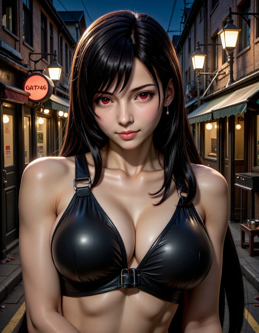 Tifa_FF7_Real_Final, Extreme close-up portrait of Tifa, cropped from upper chest to mid-forearm, set against the gritty backdrop of Midgar’s Sector 7 Slums. Her striking crimson eyes reveal a fierce determination, contrasting with her smooth, fair skin. Her long, jet-black hair flows down her back, with a few strands drifting over her focused, yet compassionate expression. She’s dressed in her iconic, rugged leather crop top, with subtle scratches from battle, and the cropped frame reveals her signature fingerless gloves and reinforced knuckles. The background shows the dimly lit, industrial sprawl of Sector 7, with tangled wires, worn-down metal, and faint streetlights casting an eerie glow over the scene. [Composition: Tight 85mm lens effect, compress perspective to naturally exclude extremities.]