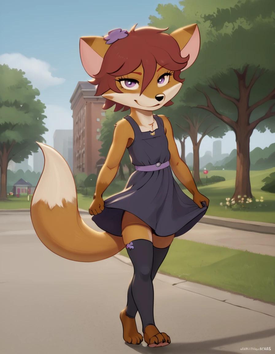 outdoors,park,detailed background,
Alex,1girl,solo,short hair,animal ears,furry female,two-tone fur,tail,body fur,bangs,animal nose,fox girl,brown fur,fox tail,red hair,fox ears,purple eyes,hair between eyes,hair ornament,
seductive smile,long eyelashes,
sundress,thighhighs,walking,
<lora:Alex_v01_PDXL:1>,