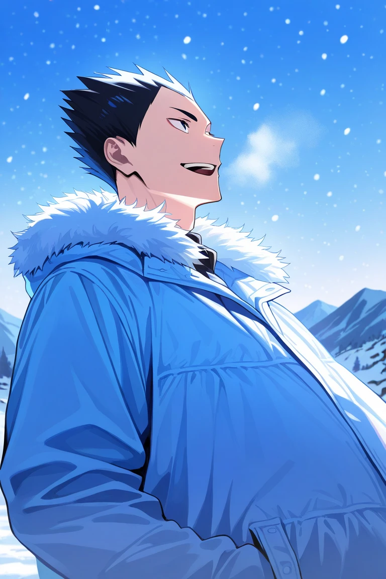 day, natural lighting, winter theme, snow, snowing, snowflakes, mountain, breath, male focus, leaning back, looking away, smiling, KindaichiHU, black_KindaichiHU_spiked hair, black_KindaichiHU_eyes, open mouth, winter clothes, fur trim, 1boy, blurry outdoors, scenery, from side, from below, centered, intricately detailed illustration, masterpiece,best quality,amazing quality,very aesthetic,absurdres,newest