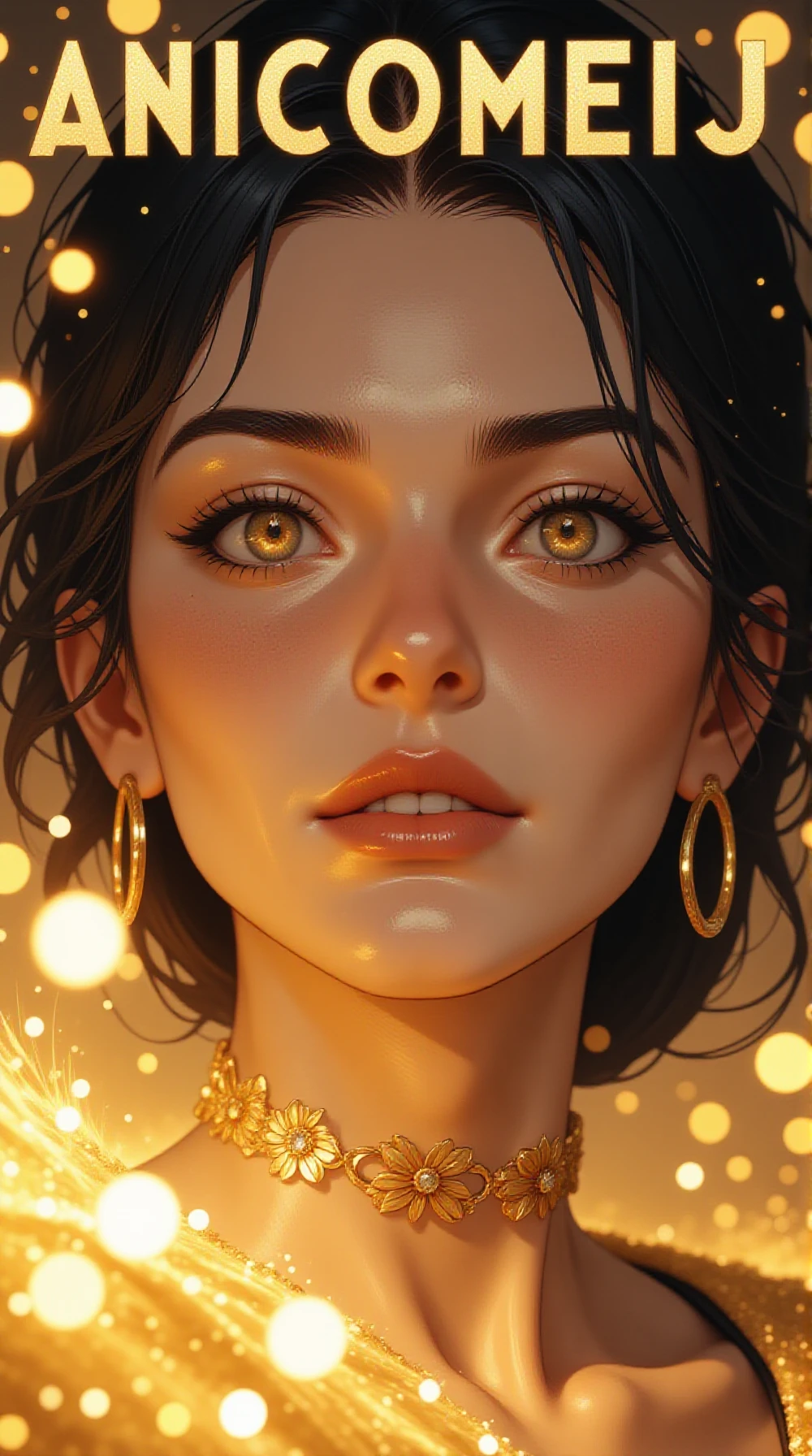 high fashion magazine cover image  with the word "ANICOMEIJ", prominently displayed, high fashion photo, professional, close up, women, beauty, harmonious, face focus, ANIcoMEij, comic style, comic, pencil scatch, drawing, a woman, 1girl, golden eyes, blurry, close-up, eyelashes, face, glowing, light particles, lipstick, looking at viewer, makeup, parted lips, curly hair, realistic, solo, space, sparkle, comic site, multiple parts emotional, eye view, detailed, intimate, clear, personal, highly contrasted, excellent composition, advanced cinematic perfect light, highly color focused, dynamic, <lora:ANIcoMEij_Style4FLUX-000009:1>, stardustij, stardust effect, sparkle, shimmer, stardust swirling, dress surrounded by stardust <lora:Stardustij_STYLE4FLUX:0.5>, oblique perspective