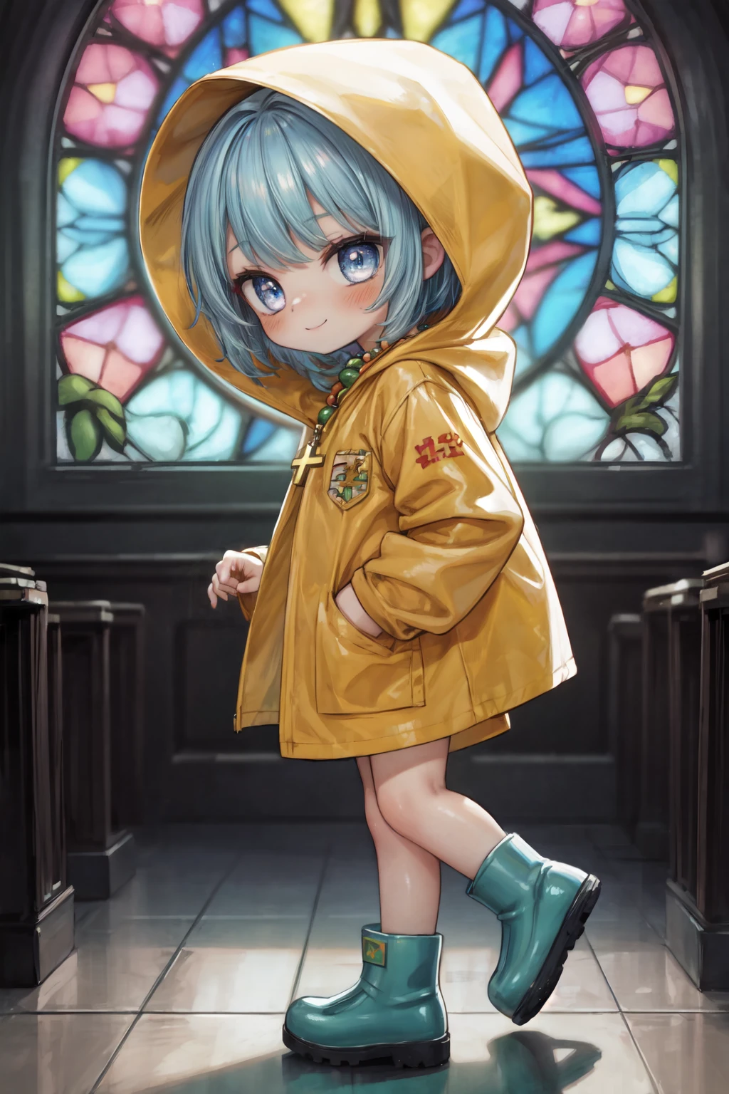 masterpiece,best quality,highest detailed,depth of field,(chibi:1.3),1girl,solo,Luce,short hair,blue hair,(swept bangs:1.3),blue eyes,flat chest,jewelry,beads,cross necklace,(hood up),yellow raincoat,white shirt,long sleeves,pocket,rubber boots,(green footwear),standing,smile,(hands in pockets),bent over,church,stained glass,from side,<lora:Concept-control tool-add_detail-CyberAIchemist:0.9>,<lora:Luce(jubilee_2025):1.1>,