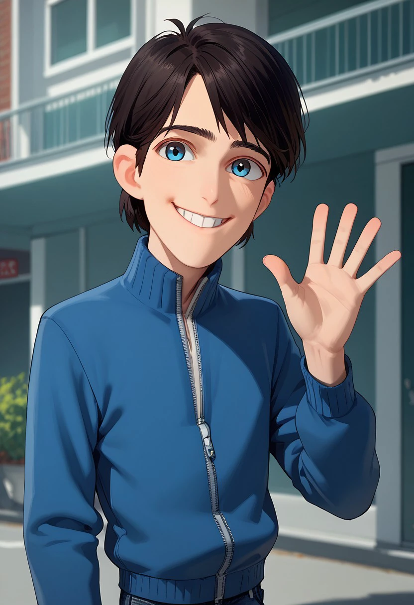 score_9, score_8_up, score_7_up, score_6_up, man, black hair,1boy, solo, short hair, blue eyes, Expressiveh, cowboy shot, jacket, zipper, pants, denim, akward smile, waving, looking at viewer,