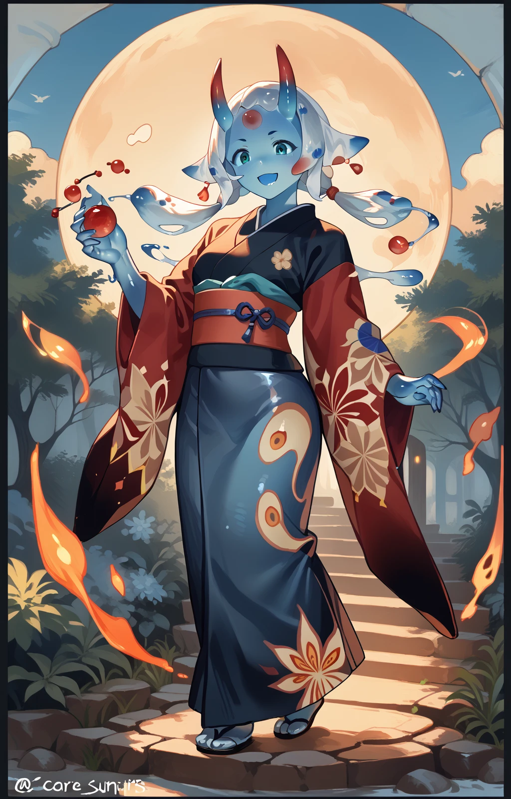 score_9, score_8_up, <lora:slime_girl_core_basePony_v1:1> core, 1girl, solo, smile, open mouth, full body, horns, japanese clothes, twitter username, kimono, no humans, colored skin, border, monster girl, blue skin, black border