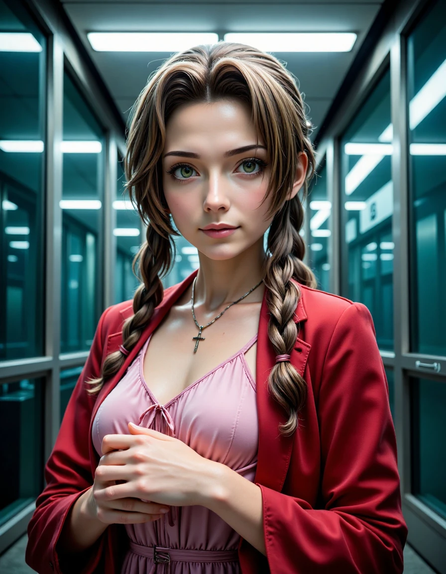 Aerith_FF7_Real_Final, Extreme close-up portrait of Aerith, cropped from upper chest to mid-forearm, set against the sleek, imposing atmosphere of Shinra Headquarters. Her soft, emerald-green eyes carry a quiet resilience, contrasting gently against her fair, slightly rosy skin. Her light brown hair is styled in her signature braid, with a few loose strands framing her face, adding a touch of softness to her determined expression. She wears her iconic pink dress with delicate fabric folds and her red jacket, the subtle wear on the material hinting at the hardships she’s faced. The frame cuts off just above her wrists, revealing a hint of her clasped hands, as if in quiet reflection. The background captures the cold, metallic atmosphere of Shinra’s upper floors, with towering glass walls and the stark blue-white fluorescent lights casting an almost harsh glow, emphasizing the sterile, oppressive environment. [Composition: Tight 85mm lens effect, capturing the contrast between Aerith's warmth and the chilling atmosphere around her.]