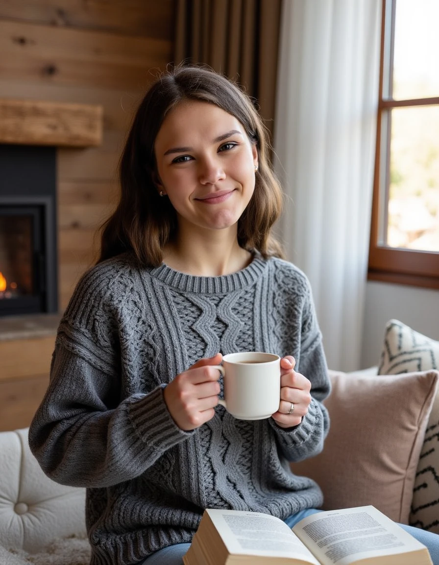 ellbon <lora:ella-bonita:1> wearing a cozy jumper that radiates warmth and comfort. The jumper is a soft woolen knit in a heather gray hue, with intricate patterns woven throughout, adding texture and depth. Her expression is relaxed and content, with a gentle smile that conveys a sense of tranquility. She is seated in a snug corner of a living room, surrounded by plush cushions and a flickering fireplace casting a warm glow. A steaming mug of tea rests in her hands, and an open book lies nearby, suggesting a peaceful, introspective afternoon. Natural light filters through a nearby window, illuminating her features and the details of the jumper. The scene evokes a sense of calm and contentment, perfect for a cozy, quiet moment of reflection.