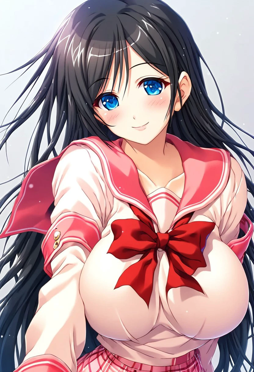 score_9, score_8_up, score_7_up, anime style, 2D-style face, high resolution, Detailed face, Best quality, ultra-detailed eyes, High-resolution portrait, sharp, subtle blush, Sharp, vivid eyes with subtle highlights, source_anime, anime style, 1girl, solo, solo focus, long hair, black hair, Asymmetrical Sidehair, blue eyes, soft smile, huge breasts, pink sailor school uniform, large red bow, long-sleeved top, pink plaid skirt, shoulder emblem, red trim, detailed shading, classic school look, traditional appearance, gentle expression, standing, upper body, classroom background