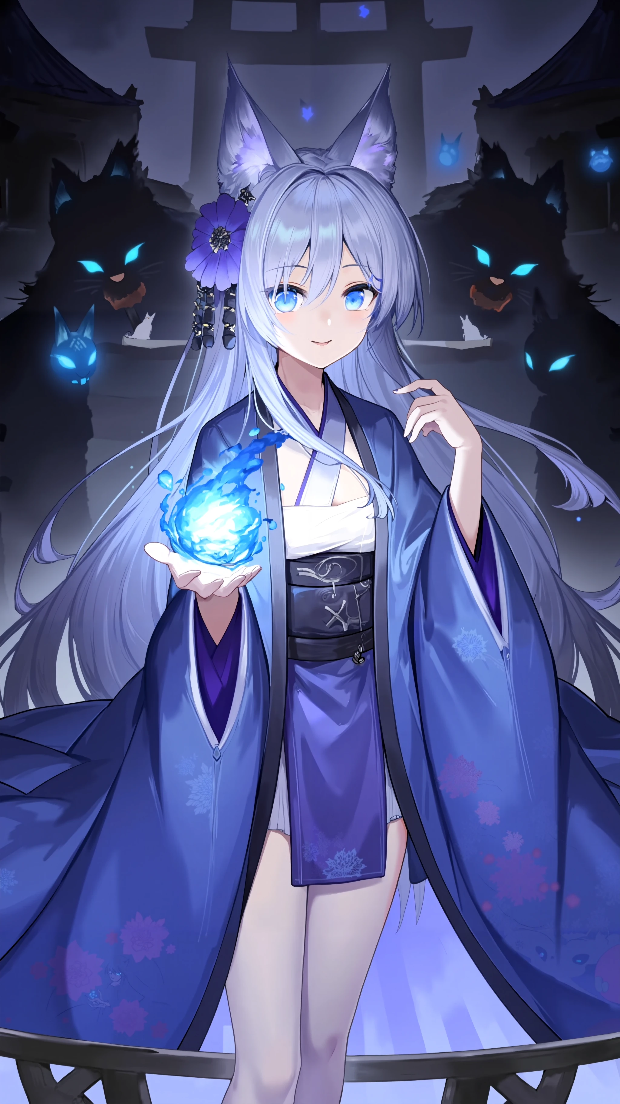 This digital illustration in Yostar META style features a young girl with distinct, fantastical features. She has long, flowing silver hair with a striking blue streak and bright, piercing blue eyes. She has a purple, flower-shaped hair ornament. She has large, cat-like ears on top of her head, covered in soft, white fur. She wears a traditional Japanese kimono with a modern twist, predominantly in shades of blue and purple. The kimono is adorned with intricate, dark purple accents and a large, flowing cape that trails behind her. 

She holds a blue fireball on her hand, which emits a soft, ethereal light, casting a subtle glow on her face and the surrounding area. She stands in front of a backdrop that appears to be a traditional Japanese temple or shrine, with stone lanterns and a torii gate visible in the background. The atmosphere is mystical, with a soft, cool blue and purple color palette dominating the scene.

In the background, there are two shadowy, cat-like anthropomorphic figures with glowing blue eyes, adding to the mystical ambiance.