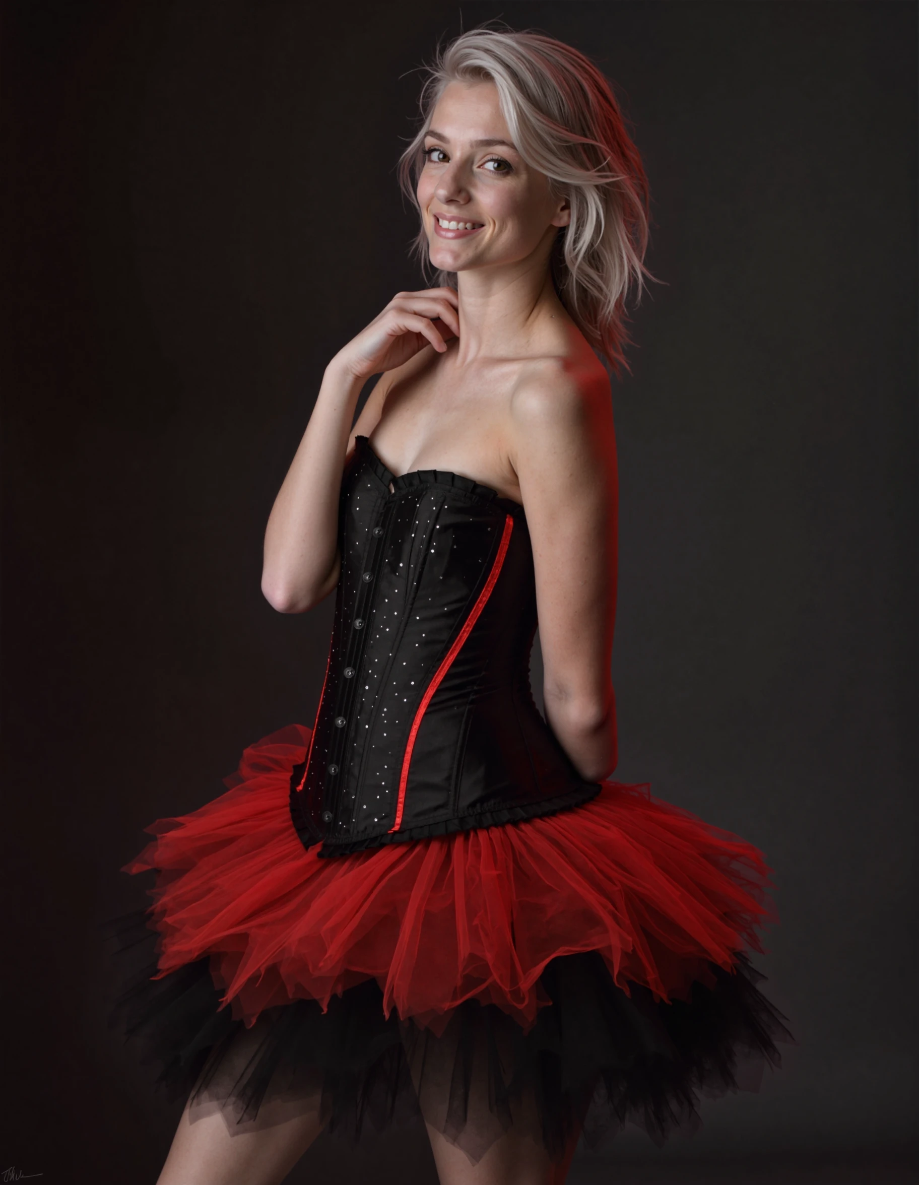 This is a highly detailed, realistic photography depicting a woman wearing bla4ckf3athers clothing. She is wearing a black corset, layered red and black tutu-style skirt. She has streaked white gray hair and smiling. She is touching her shoulder and head tilt to side. Full body shot, she is looking at viewer. Background features dark colors and side lights casting light on the woman.  <lora:FLUX\FLUX.1-Turbo-Alpha\FLUX.1-Turbo-Alpha.safetensors:1.0>     <lora:MyTrainings\Test\Black_Feathers_F1D_ARZUMATA.safetensors:1.0>