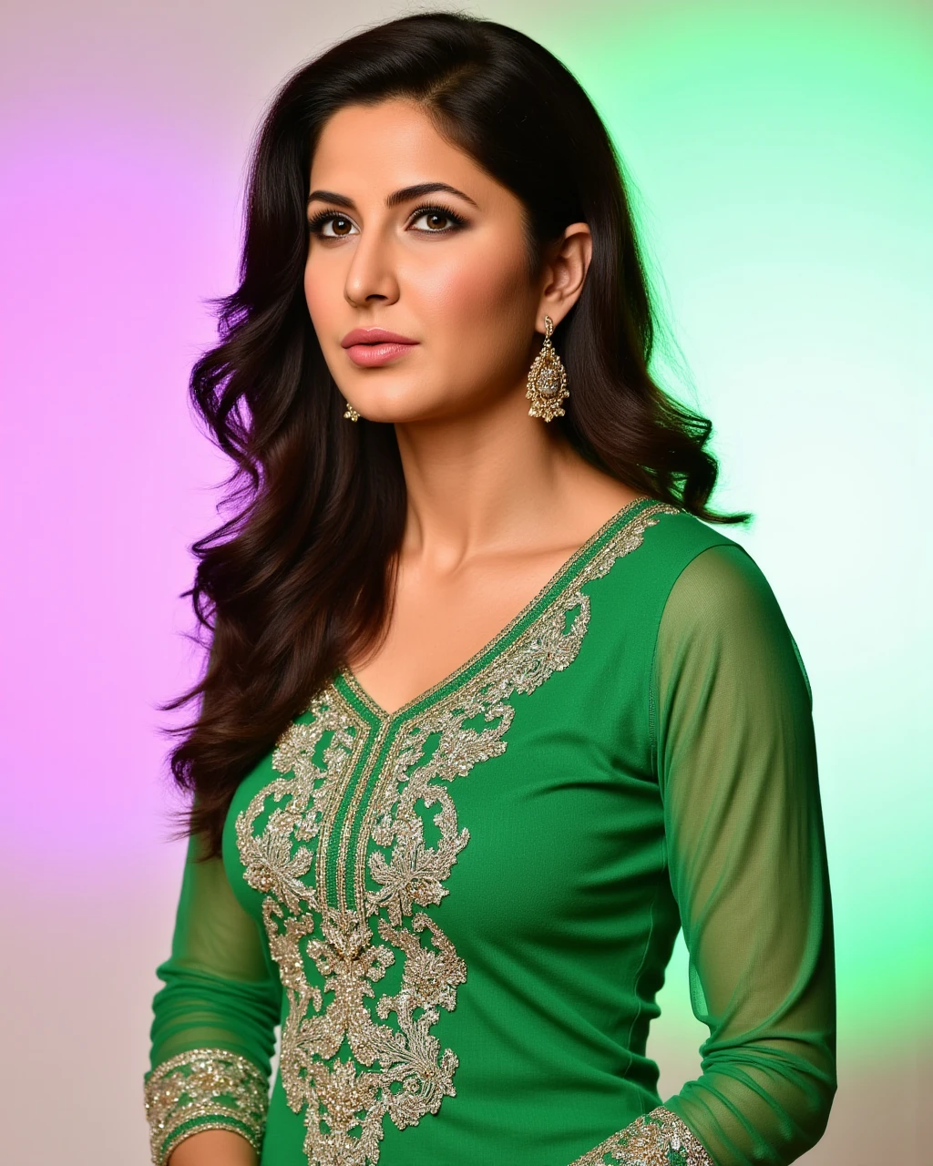 full body photo of a Katrina Kaif woman,candid photo with natural colors, pouting expression on face,studio quality, wearing intricate conservative long sleeved Green Salwar Kameez, curls, pastel shaded multicolored background, cinematic soft lighting<lora:TestBed\Katrina_Kaif_2024_Flux_Kohya_V1.safetensors:1.0:1.0>