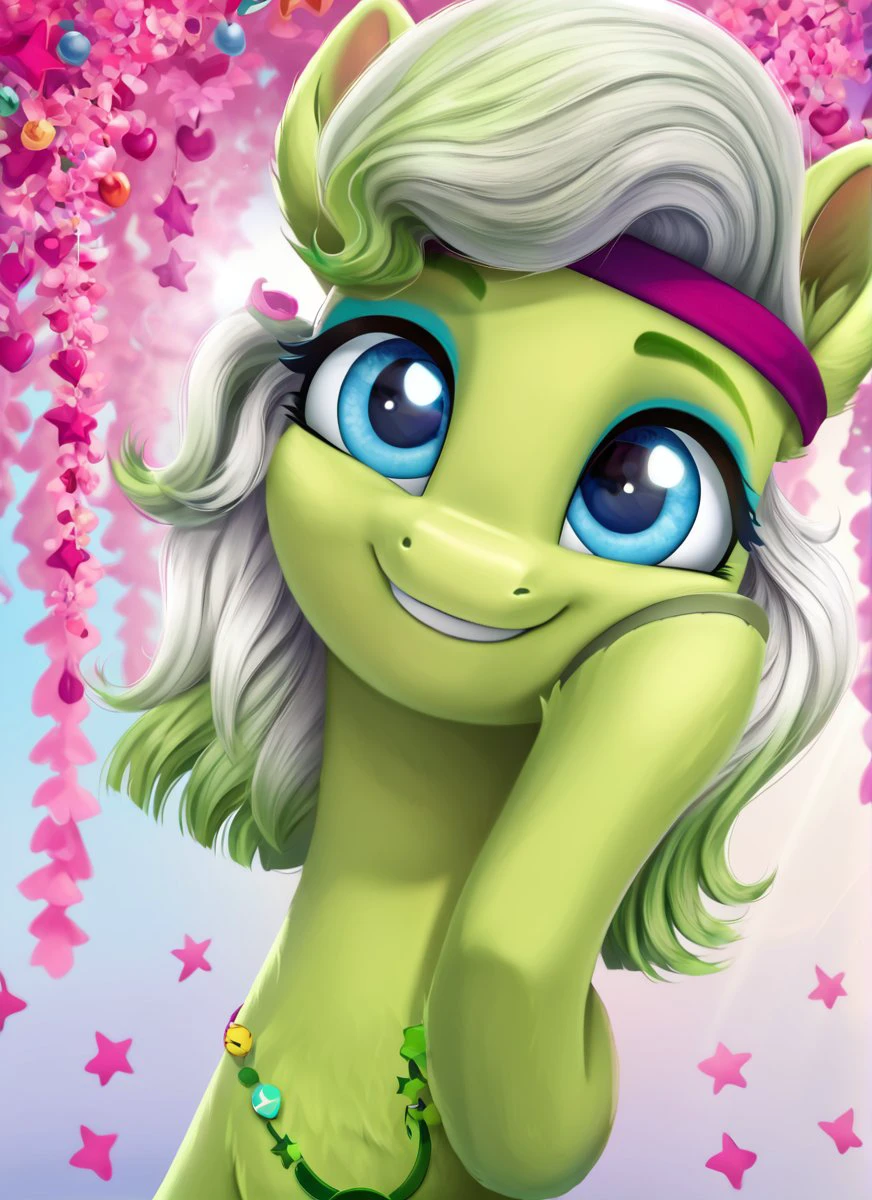 , score_9, score_8_up, score_7_up, score_6_up, score_5_up, score_4_up, rating_safe, <lora:Minty :1>Minty,
((cute, little, fuzzy pony, fur)), (high quality, detailed, beautiful), shiny, adorable face, detailed beautiful eyes, diadema, sunlight, realistic, outstanding, countershading, detailed soft lighting, ear fluff, hoof on face, cinematic vintage photography
<lora:Wholesome_MLP-v1.2:1> <lora:mlp_g5 (1):1>