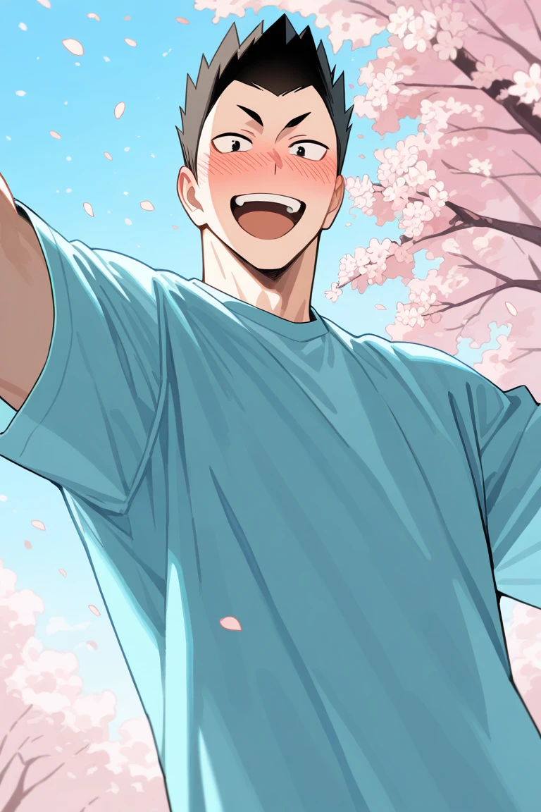 day, natural lighting, spring theme, flowers, petals, male focus, selfie, outstretched arms, smiling, blushing, looking down at viewer, expressive face, KindaichiHU, black_KindaichiHU_spiked hair, black_KindaichiHU_eyes, open mouth, oversized arms, manly, 1boy, blurry outdoors, from below, dutch angle, intricately detailed illustration, masterpiece, best quality, amazing quality, very aesthetic, absurdres, newest