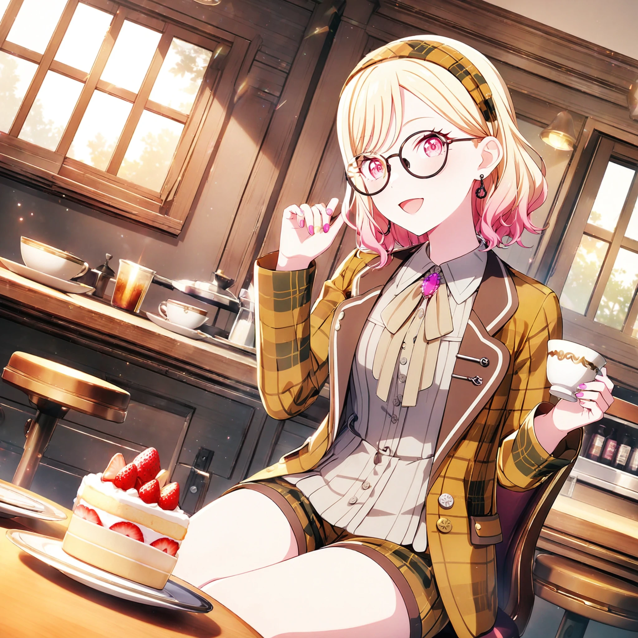 1girl, tenma saki, project sekai, masterpiece, very aesthetic, absurdres, official art,
setup style, short hair, blonde hair, pink gradient hair, pink eyes, swept bangs,
(looking at viewer:1.4), :D, sitting, , BREAK
black-framed glasses, earrings, plaid hairband, plaid jacket, plaid shorts, striped shirt, brooch, beige ribbon tie, double-breasted, brown theme, pink nail, nail polish, 
in cafeteria, cups and saucers, bar counter, large window, trees, table, chair, a piece of strawberry cake, 
<lora:sdxl-leo-EnjoyMusicSk01:0.9:lbw=0,0,0.2,0.2,0,0.4,0.4,0,0.8,0.8,0,0,0,0.8,0.8,0.6,0.8,0.0,0.0,0.0,0,0,0,0,0,0>