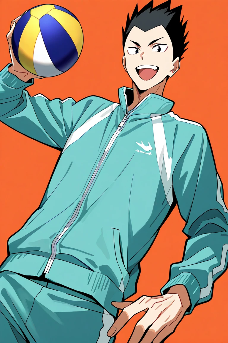 male focus, cowboy shot, holding ball, volleyball, looking down at viewer, smiling KindaichiHU, black_KindaichiHU_spiked hair, black_KindaichiHU_eyes, open mouth, wide smile, happy, tracksuit, long sleeves, 1boy, simple plain orange background, from below, dutch angle, intricately detailed illustration, masterpiece, best quality, amazing quality, very aesthetic, absurdres, newest